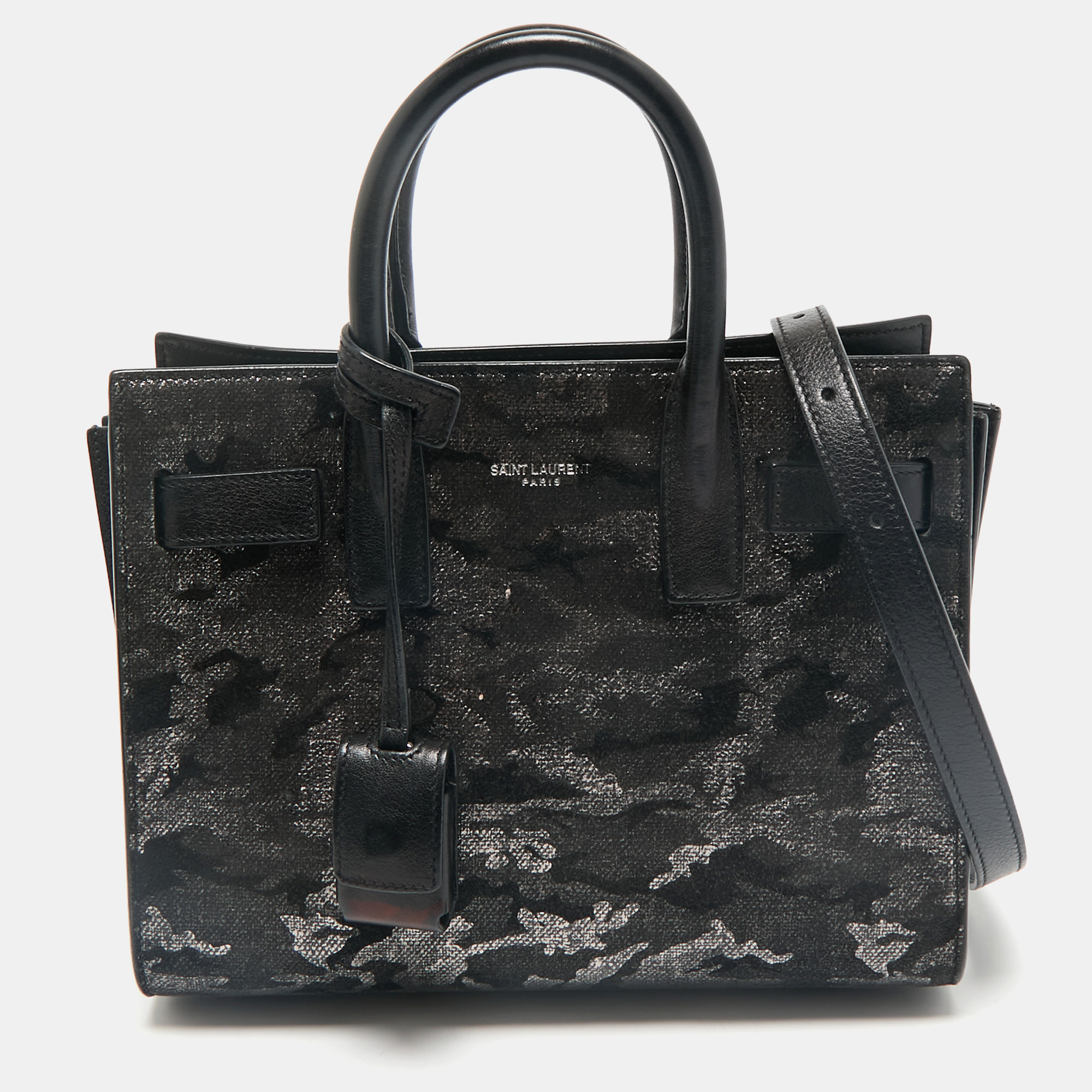 Saint Laurent Black Camo Suede and Leather Nano Classic Sac De Jour Tote
Saint Laurent Black Camo Suede and Leather Nano Classic Sac De Jour Tote