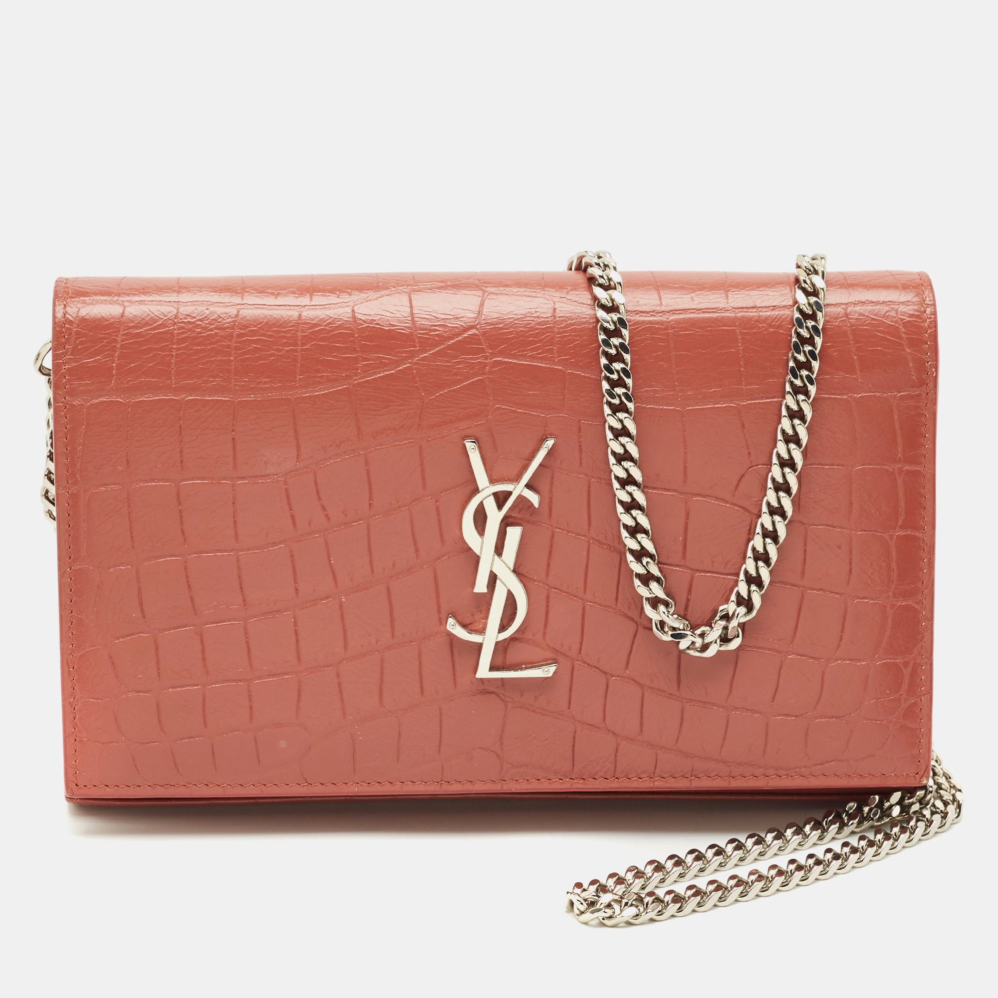 Saint Laurent Pink Croc Embossed Leather Monogram Wallet On Chain
Saint Laurent Pink Croc Embossed Leather Monogram Wallet On Chain
