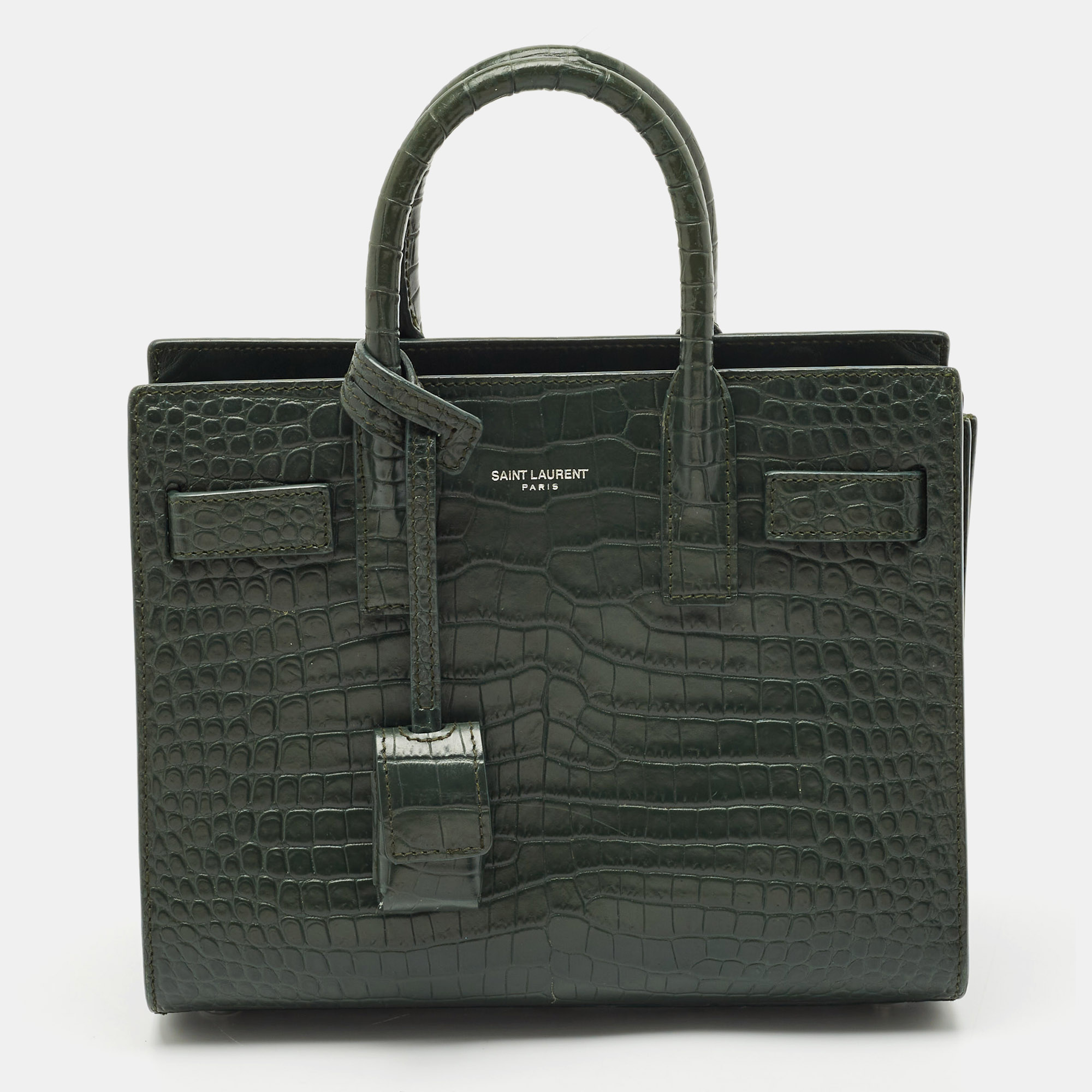 Saint Laurent Dark Green Croc Embossed Leather Nano Classic Sac De Jour Tote
Saint Laurent Dark Green Croc Embossed Leather Nano Classic Sac De Jour Tote