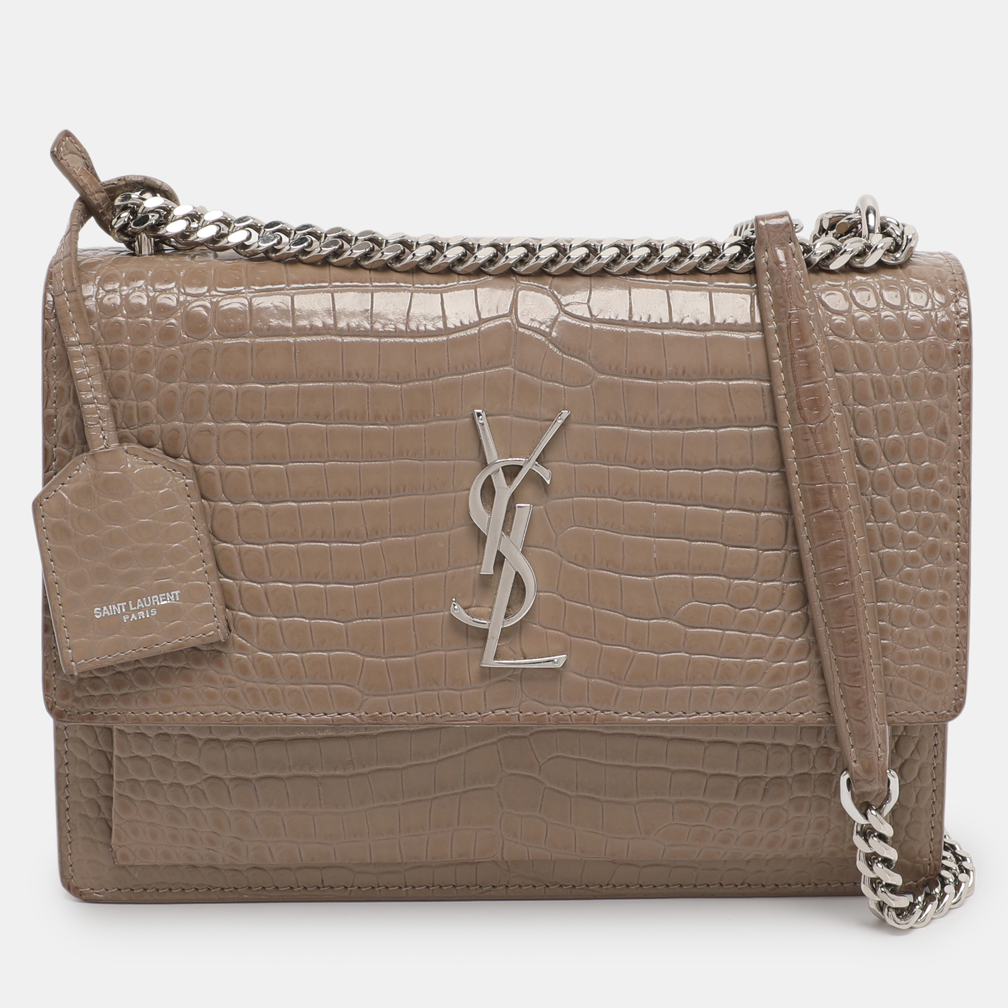 Saint Laurent Taupe Croc Embossed Leather  Sunset Shoulder Bag, Grey 
Saint Laurent Taupe Croc Embossed Leather  Sunset Shoulder Bag, Grey