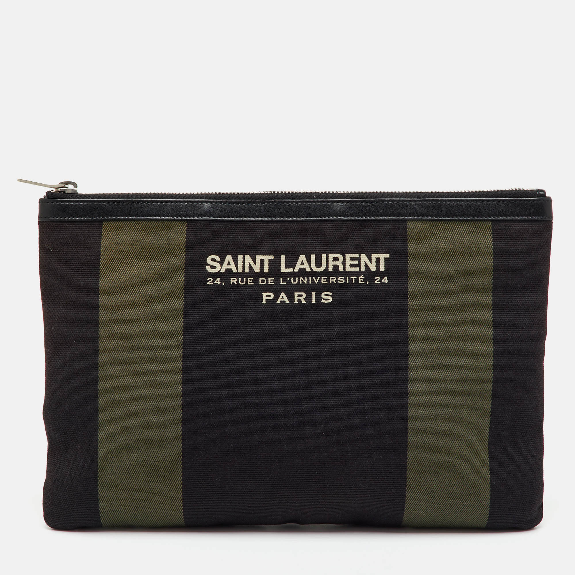 Saint Laurent Black/Khaki Stripe Canvas and Leather Zip Pouch
Saint Laurent Black/Khaki Stripe Canvas and Leather Zip Pouch