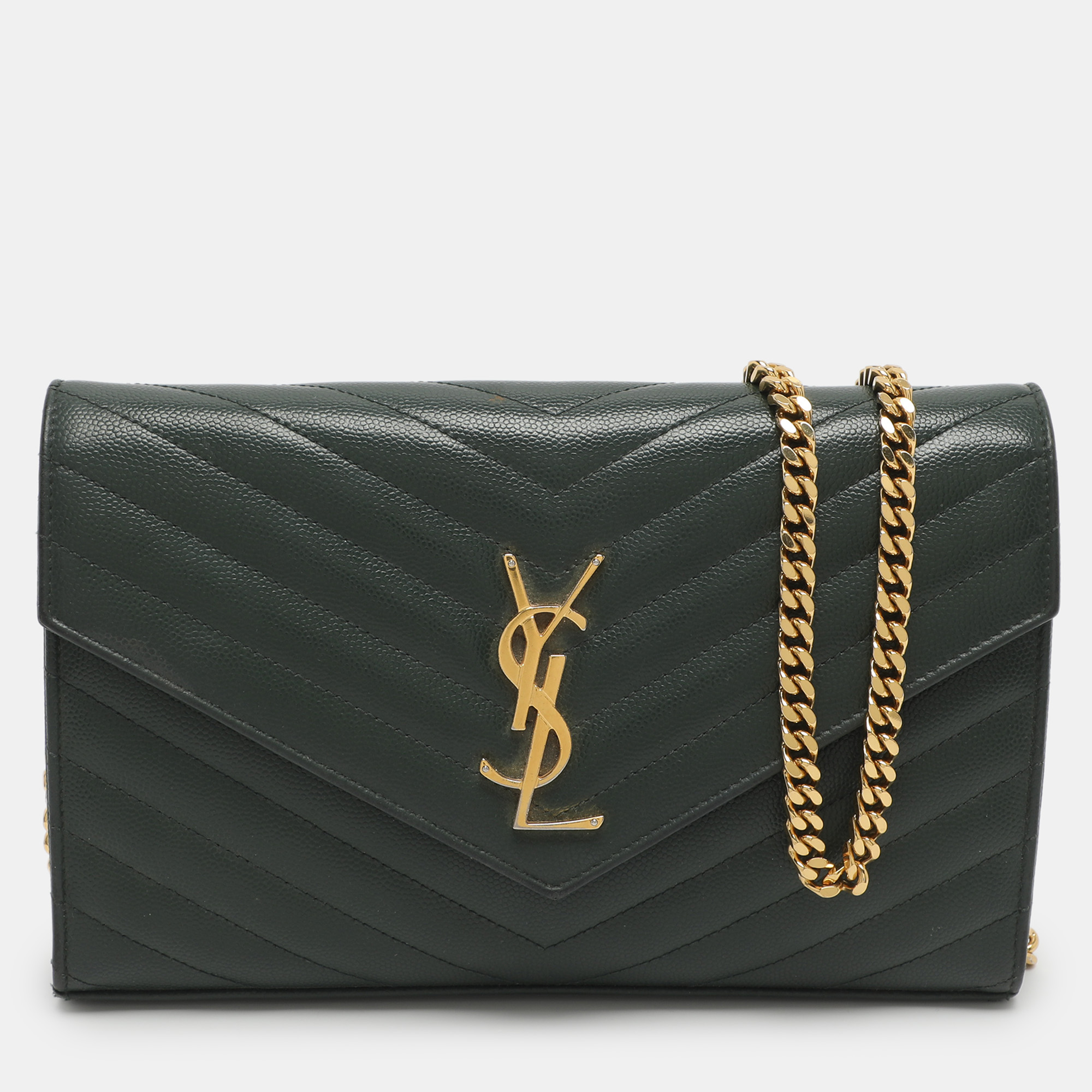 Saint Laurent Dark Green Chevron Quilted Leather Envelope Flap Crossbody Bag
Saint Laurent Dark Green Chevron Quilted Leather Envelope Flap Crossbody Bag