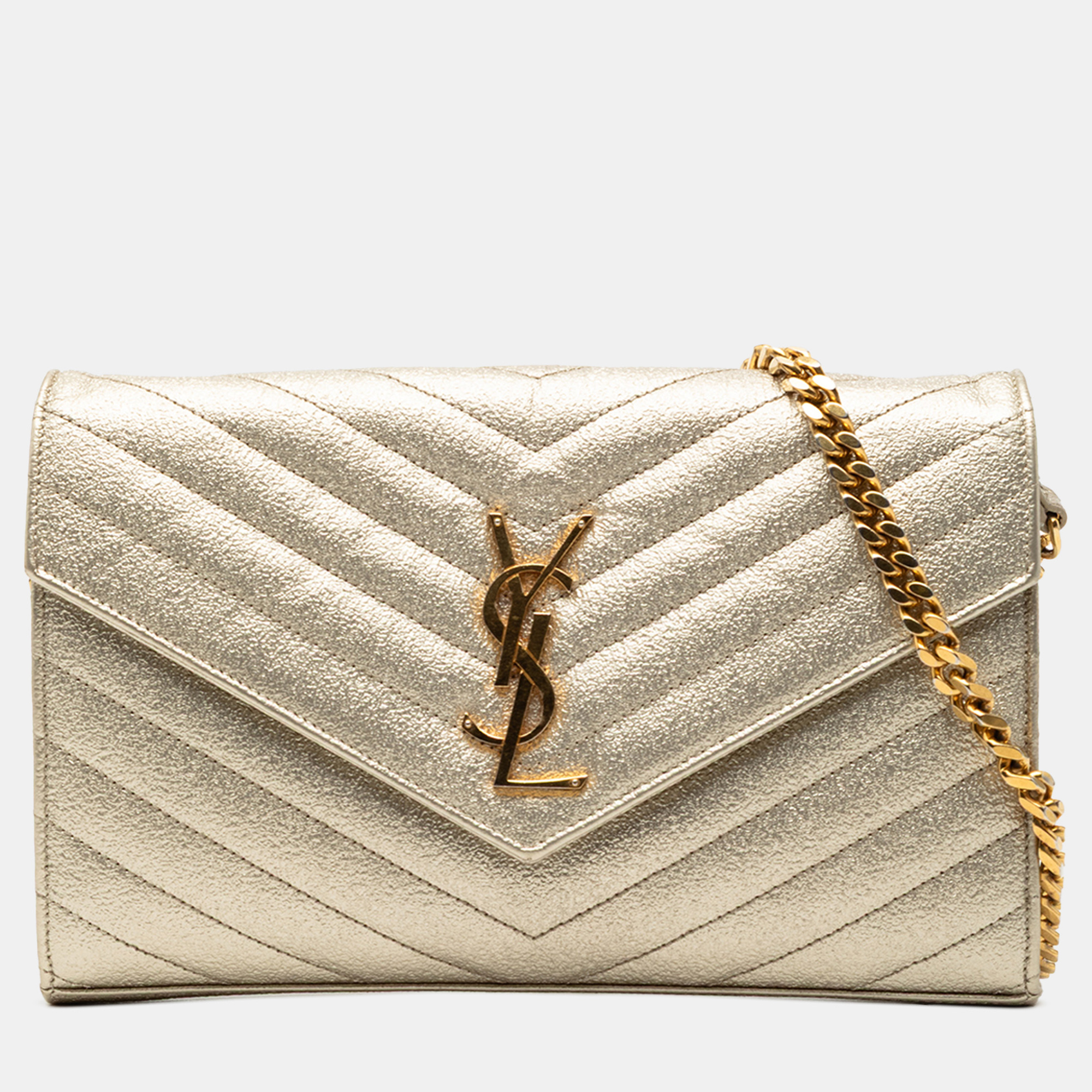 Saint Laurent Paris Gold Metallic Grain De Poudre Matelasse Chevron Monogram Chain Wallet
Saint Laurent Paris Gold Metallic Grain De Poudre Matelasse Chevron Monogram Chain Wallet