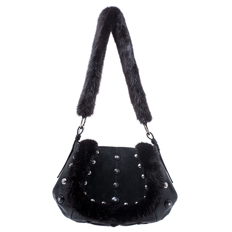 Image of Saint Laurent Black Leather/Suede and Fur Studded Shoulder Bag