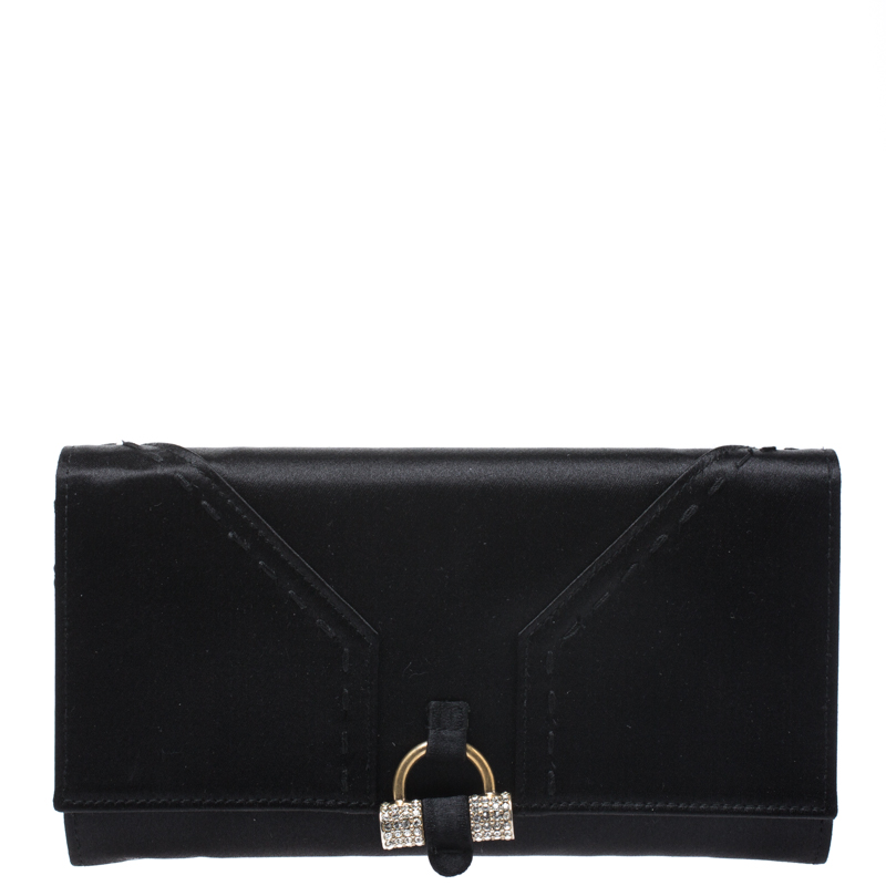 Image of Saint Laurent Black Satin Crystal Muse Flap Wallet