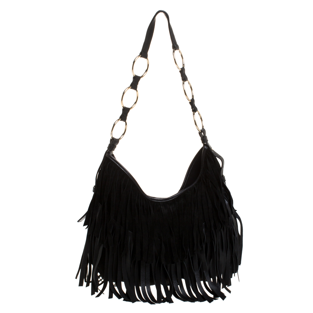 Image of Saint Laurent Black Fringed Suede and Leather La Boheme Shoulder Bag