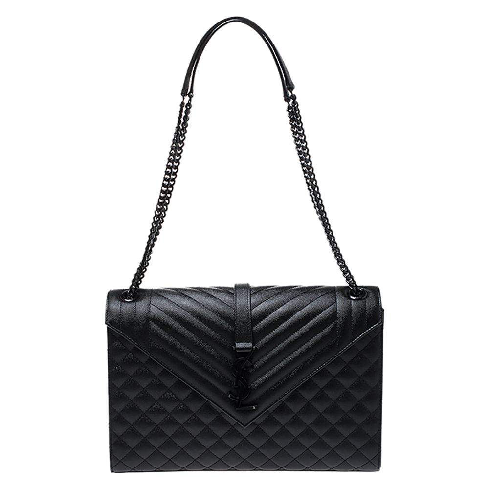 Image of Saint Laurent Black Mix Matelasse Leather Envelope Shoulder Bag
