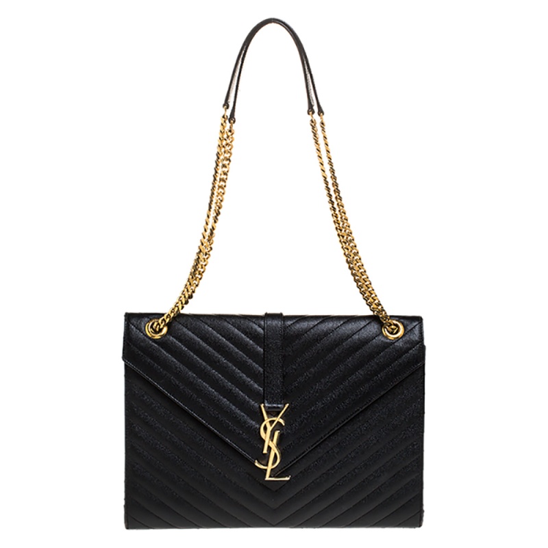 Image of Saint Laurent Black Leather Monogram Envelope Shoulder Bag