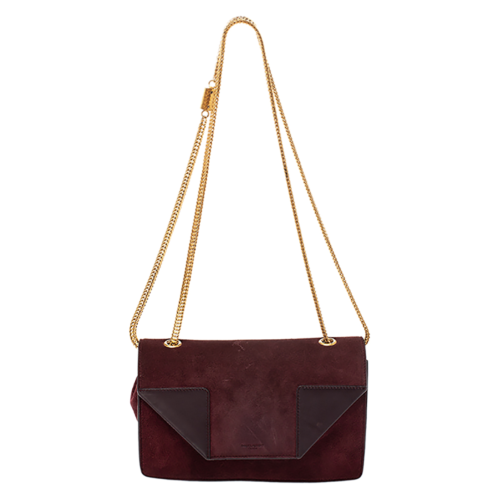 Image of Saint Laurent Burgundy Suede and Leather Betty Shoulder Bag