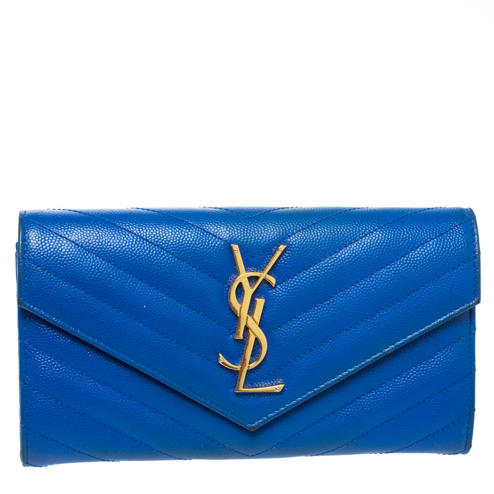 Image of Saint Laurent Blue Matelass&eacute; Leather Monogram Flap Wallet