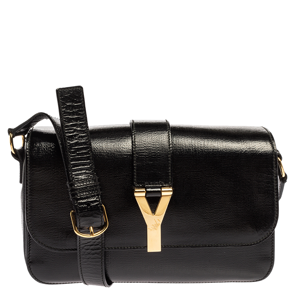 Image of Saint Laurent Black Textured Patent Leather Large Chyc Shoulder Bag