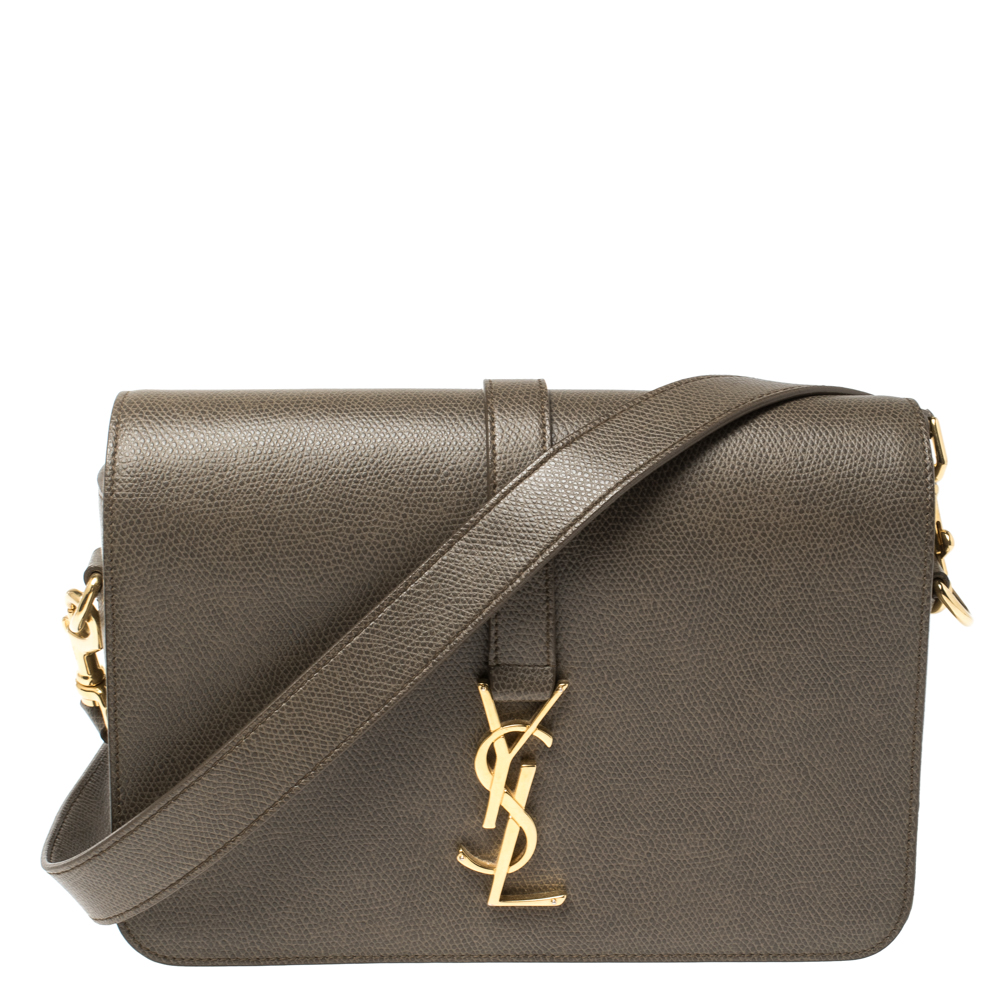 Image of Saint Laurent Green Khaki Leather Medium Monogram Universit&eacute; Flap Shoulder Bag