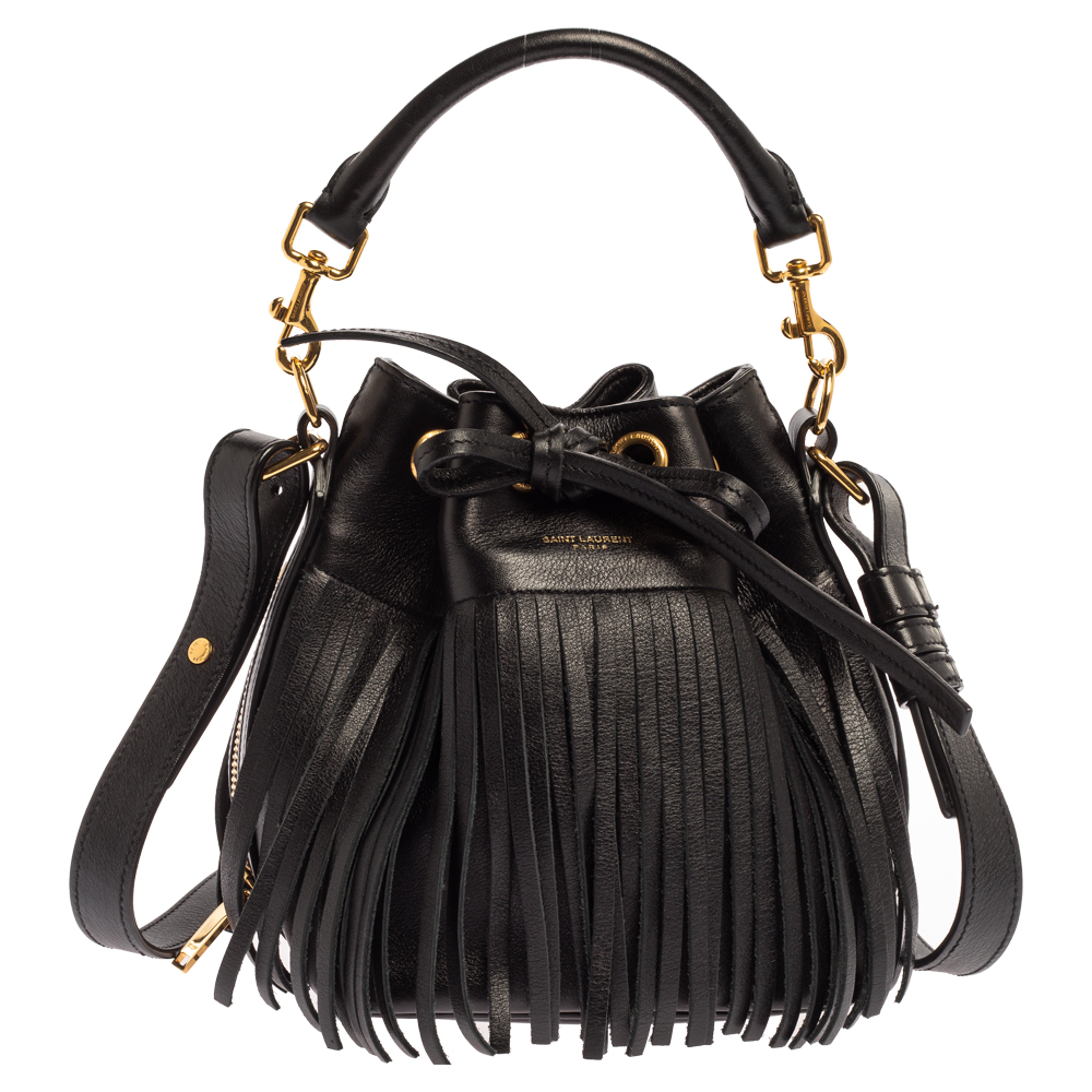 Image of Saint Laurent Black Leather Small Emmanuelle Fringed Bucket Bag