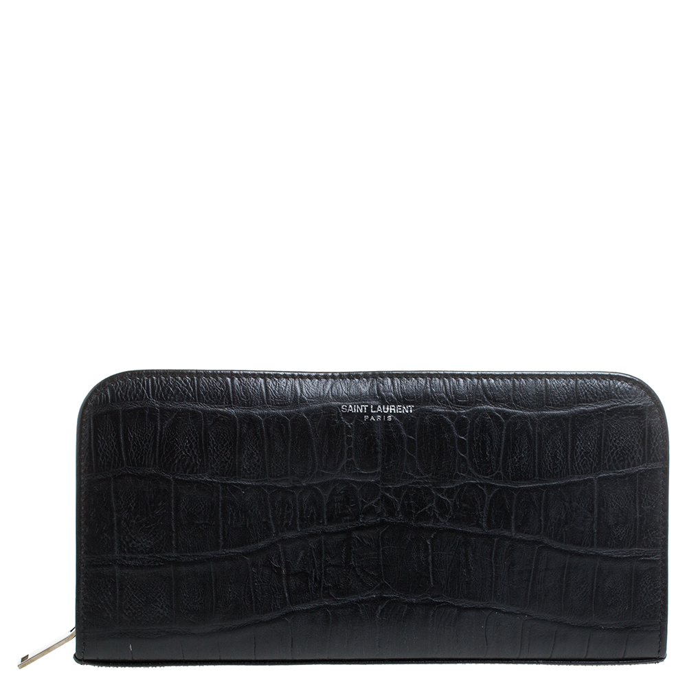 Image of Saint Laurent Black Croc Embossed Leather Classic Zip Around Wallet