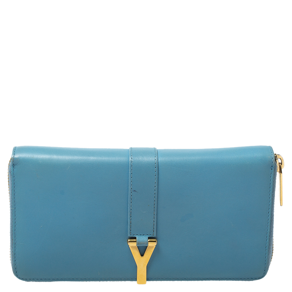 Image of Saint Laurent Blue Leather Classic Y-Ligne Zip Around Wallet