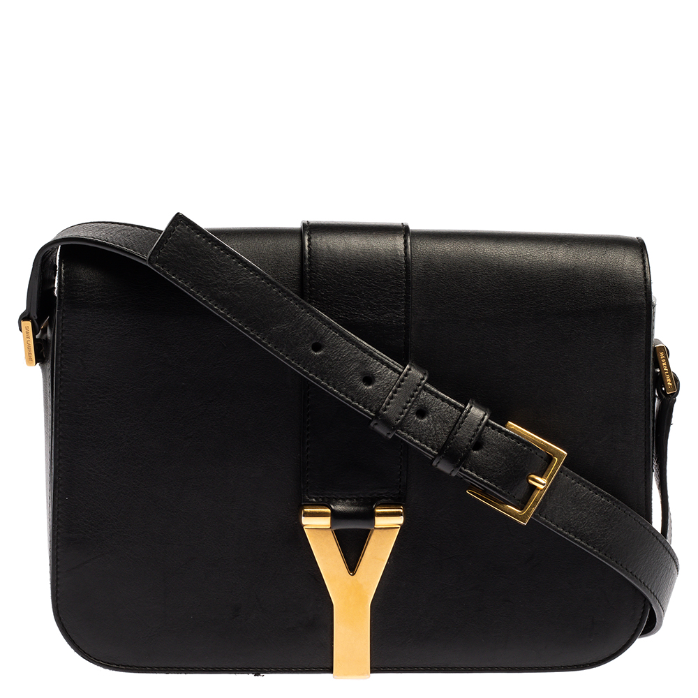 Image of Saint Laurent Black Leather Ligne Y Flap Shoulder Bag