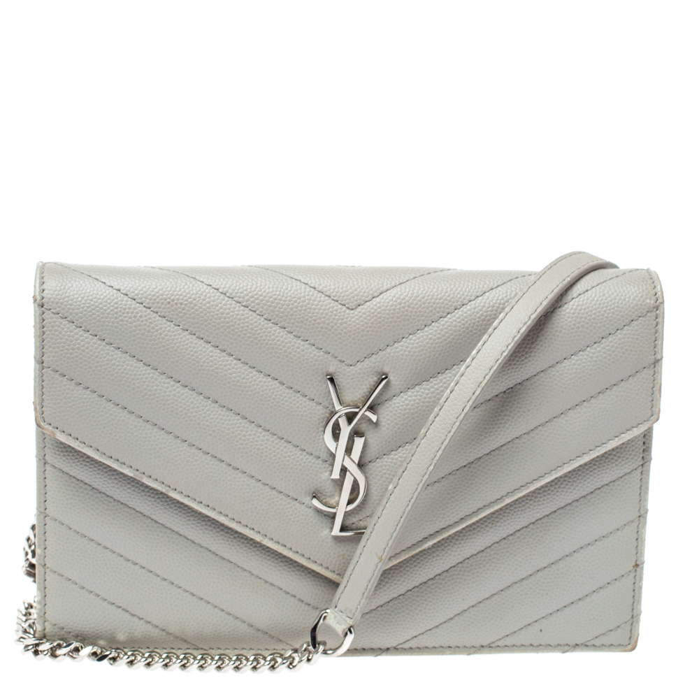 Image of Saint Laurent Grey Matelasse Leather Monogram Wallet on Chain
