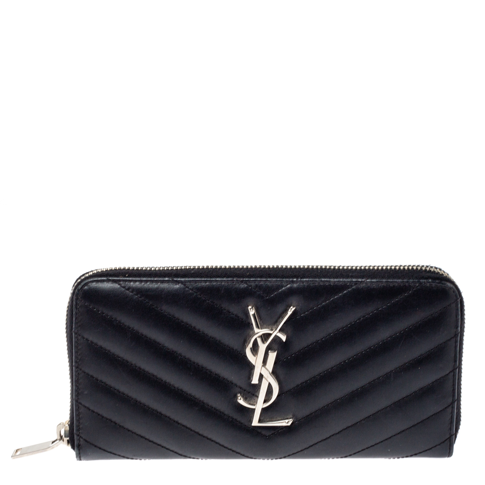 Image of Saint Laurent Black Leather Monogram Zip Around Wallet