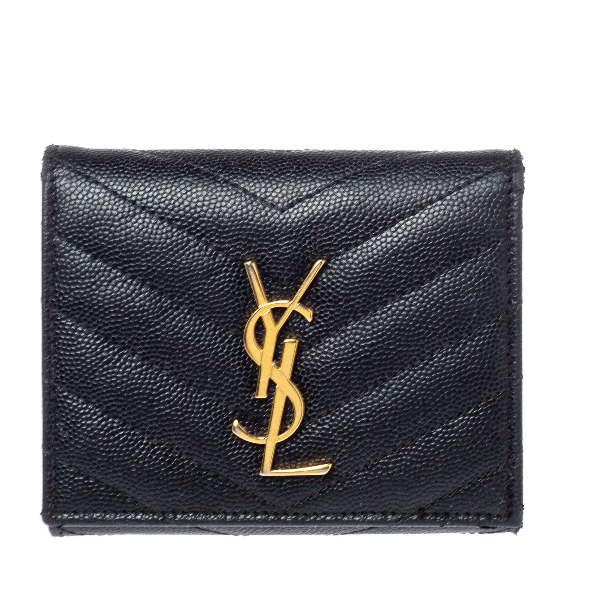 Image of Saint Laurent Black Matelasse Leather Monogram Trifold Wallet