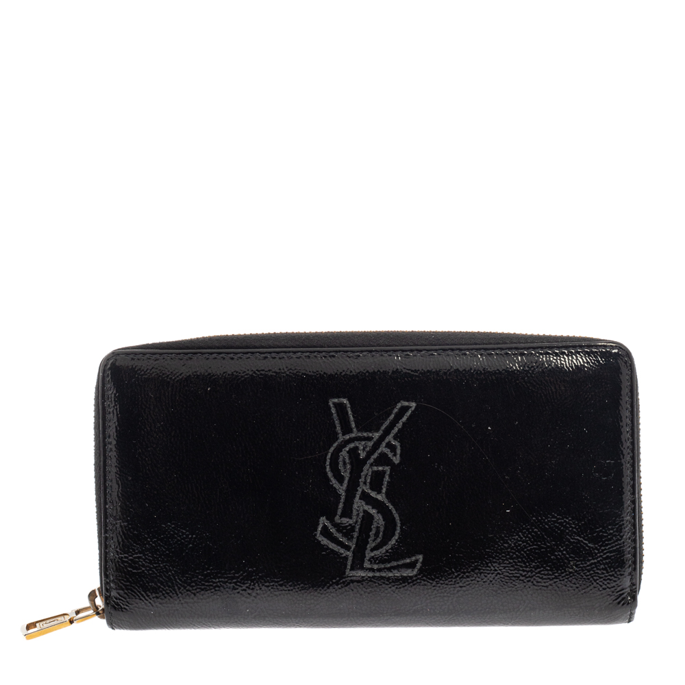 Saint Laurent Black Patent Leather Bell De Jour Zip Around Wallet
