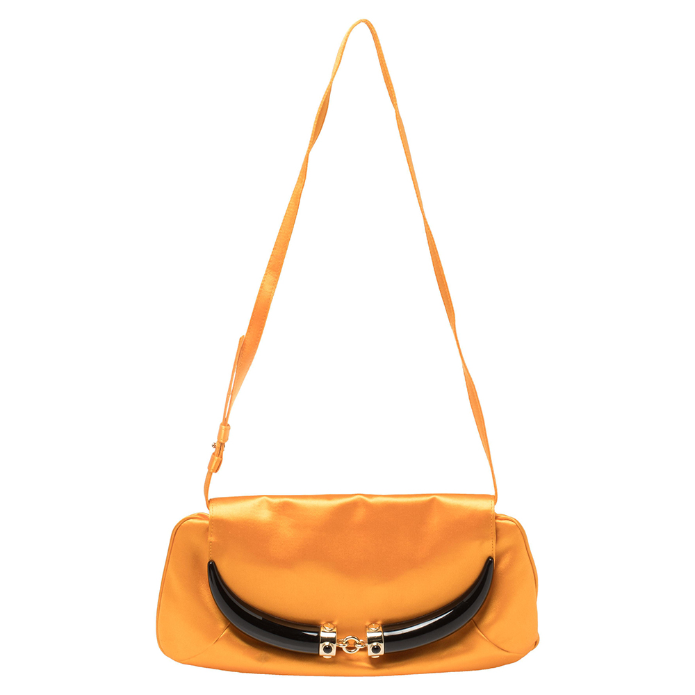 Yves Saint Laurent Orange Satin Horn Embellished Flap Shoulder Bag
