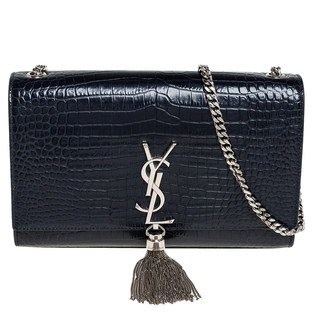 Saint Laurent Midnight Blue Croc Embossed Leather Medium Kate Tassel Shoulder Bag