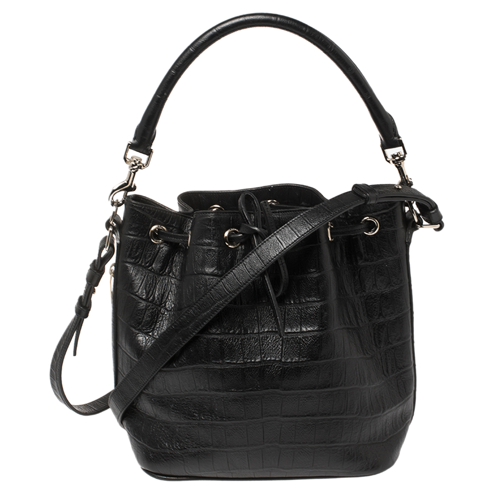 Saint Laurent Black Croc Embossed Leather Emmanuelle Drawstring Bucket Bag