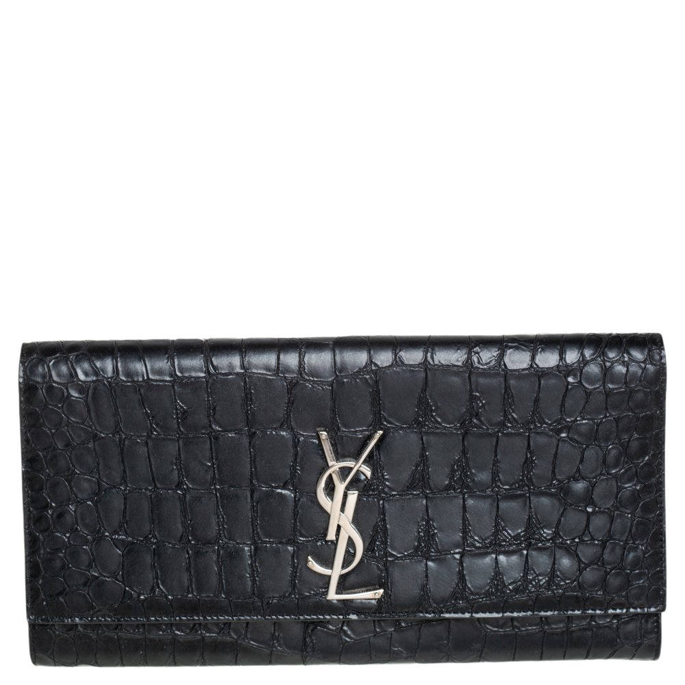 Saint Laurent Black Croc Embossed Leather Kate Monogram Clutch