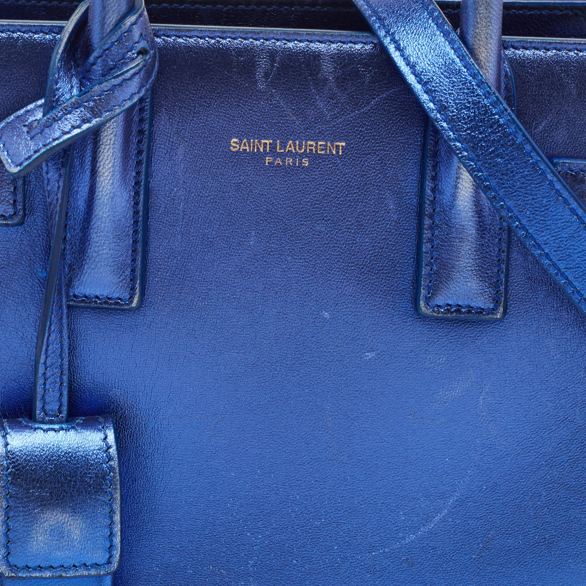 Saint Laurent Metallic Blue Leather Nano Classic Sac De Jour Tote