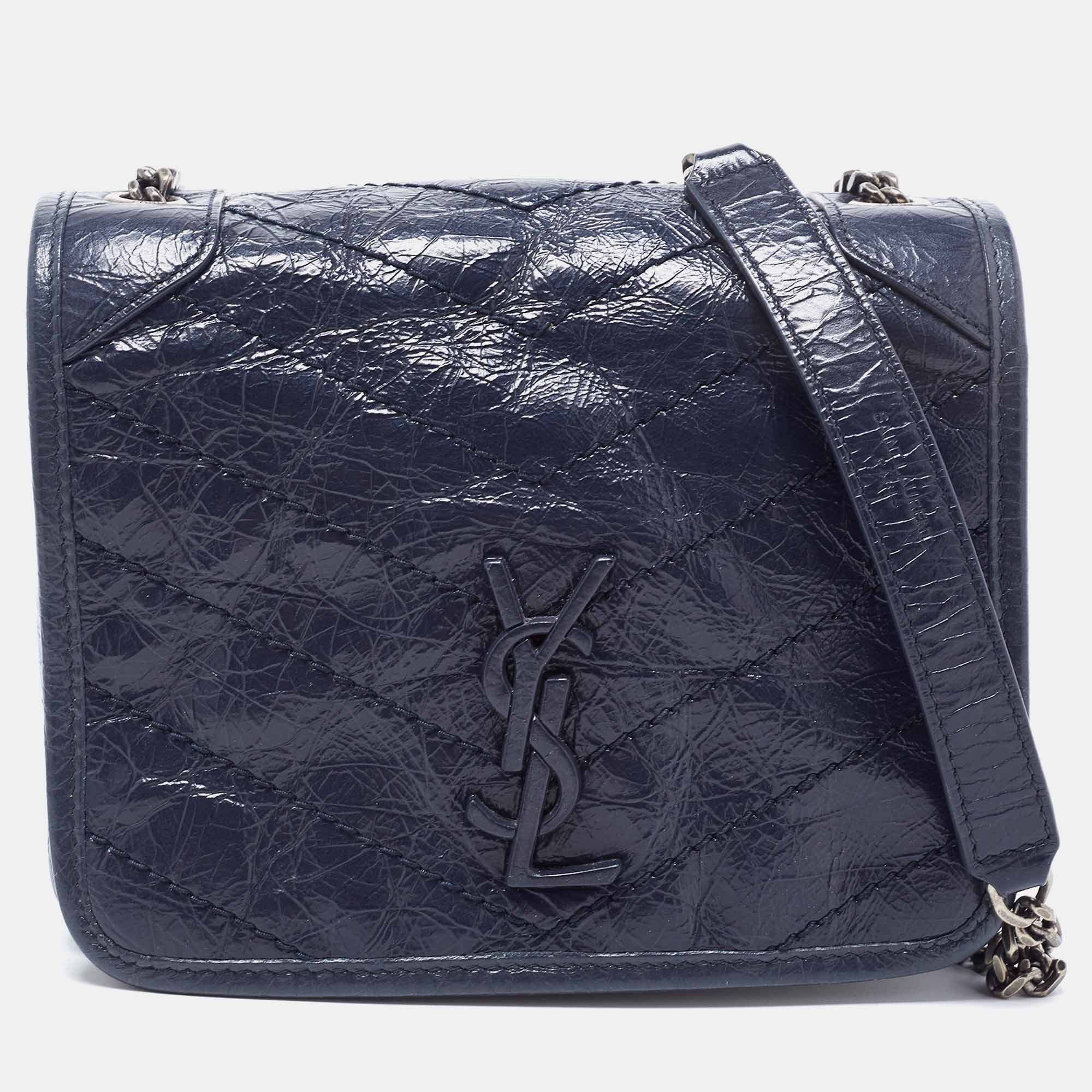 Saint Laurent Navy Blue Crinkled Leather Mini Niki Chain Shoulder Bag