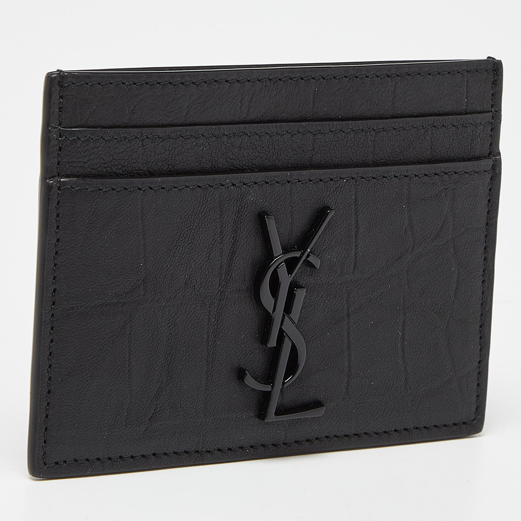 Saint Laurent Dark Grey Croc Embossed Leather Monogram Card Holder