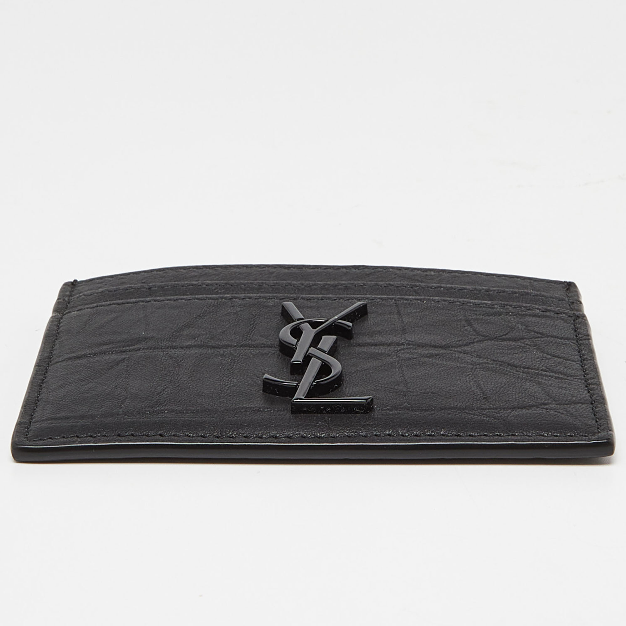 Saint Laurent Dark Grey Croc Embossed Leather Monogram Card Holder