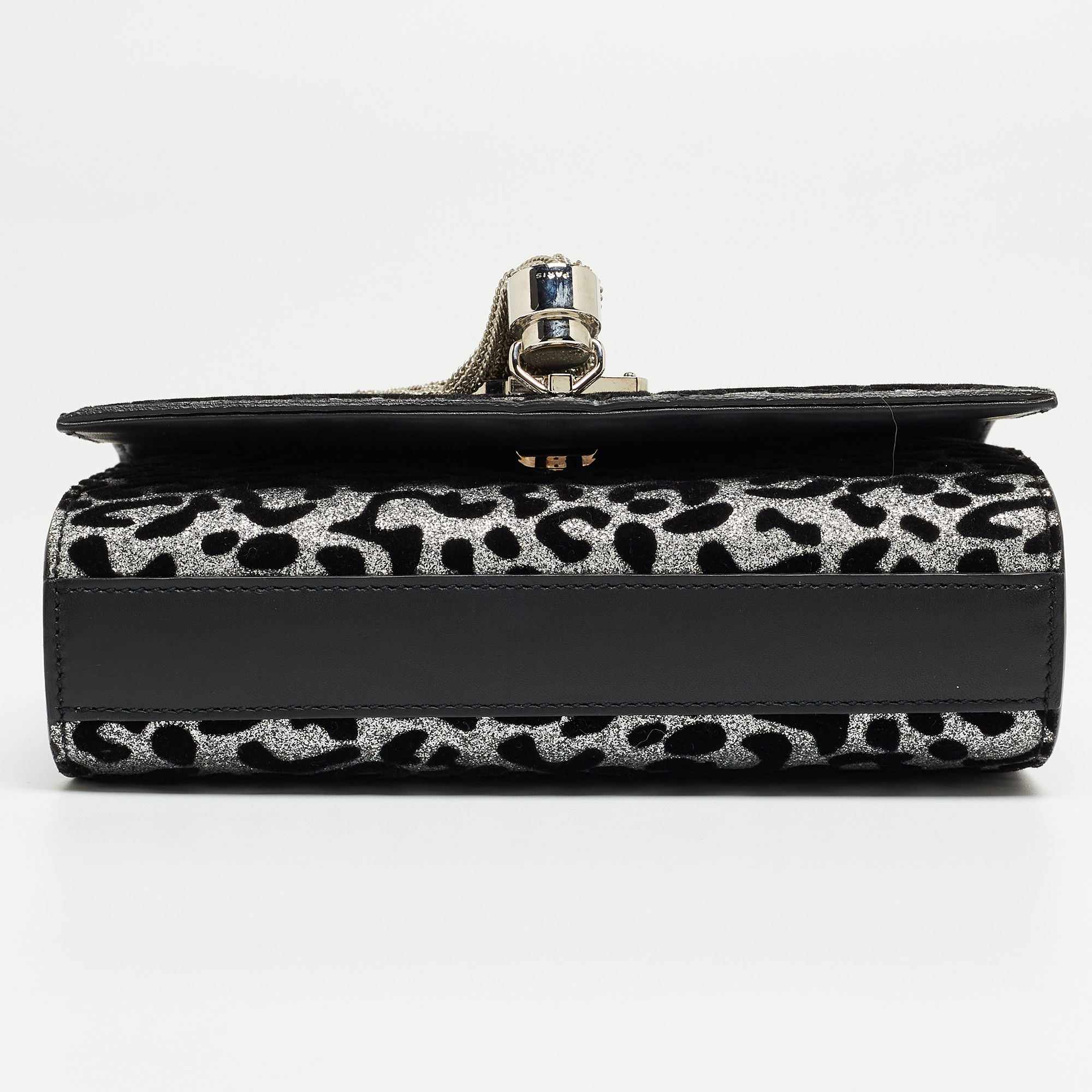 Saint Laurent Black/Silver Leopard Print Leather And Glitter Kate Tassel Flap Chain Crossbody Bag