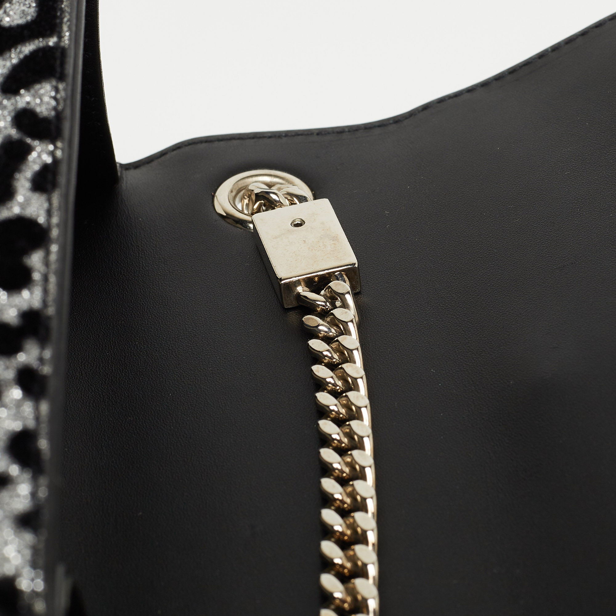 Saint Laurent Black/Silver Leopard Print Leather And Glitter Kate Tassel Flap Chain Crossbody Bag