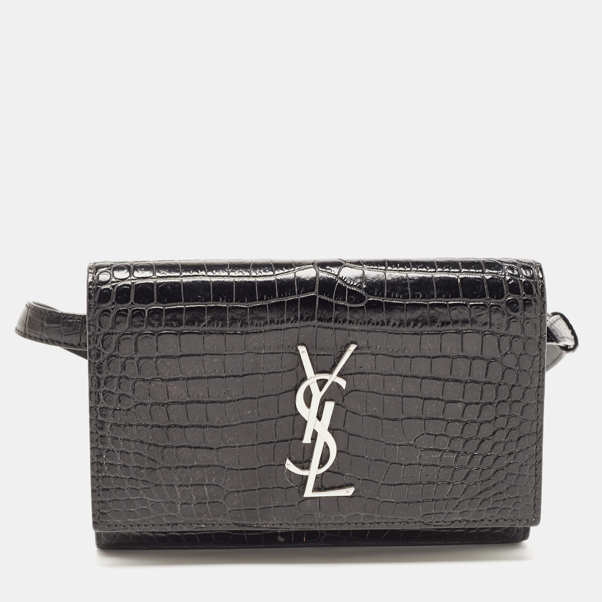 Saint Laurent Black Croc Embossed Leather Kate Belt Bag