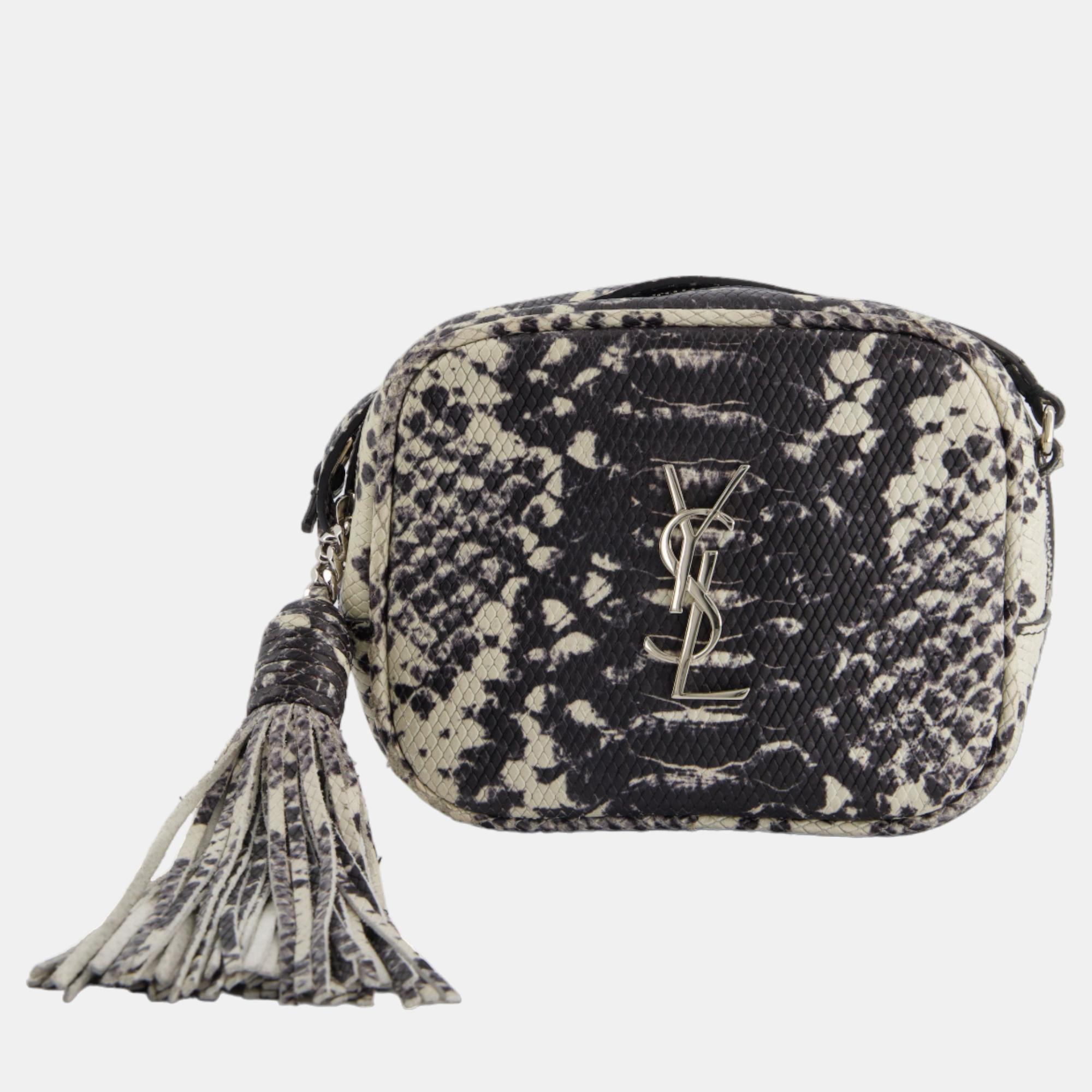 Saint Laurent Black And White Snake Skin Effect Small Blogger Bag With Silver Hardware