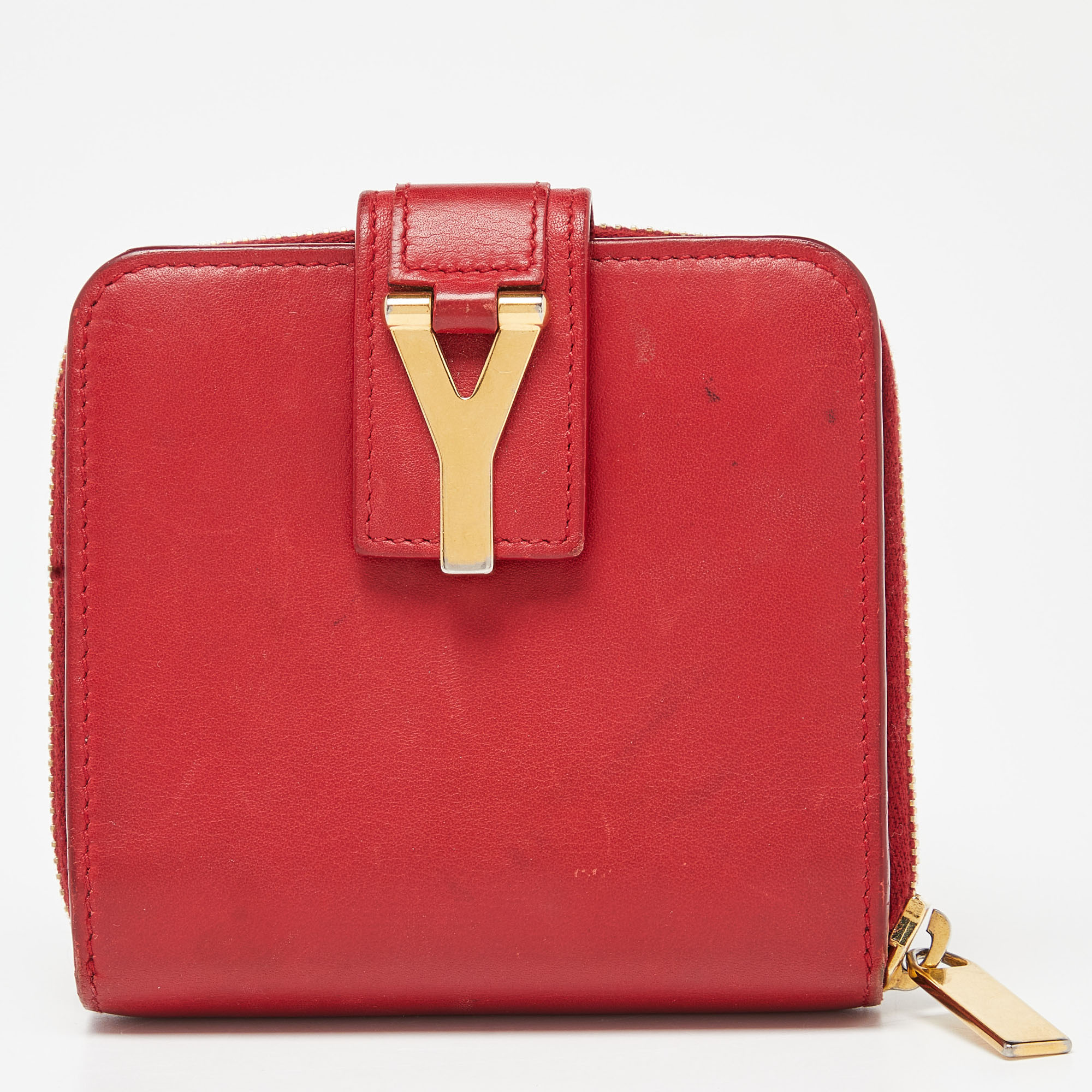 Saint Laurent Red Leather Y Line Zip Compact Wallet