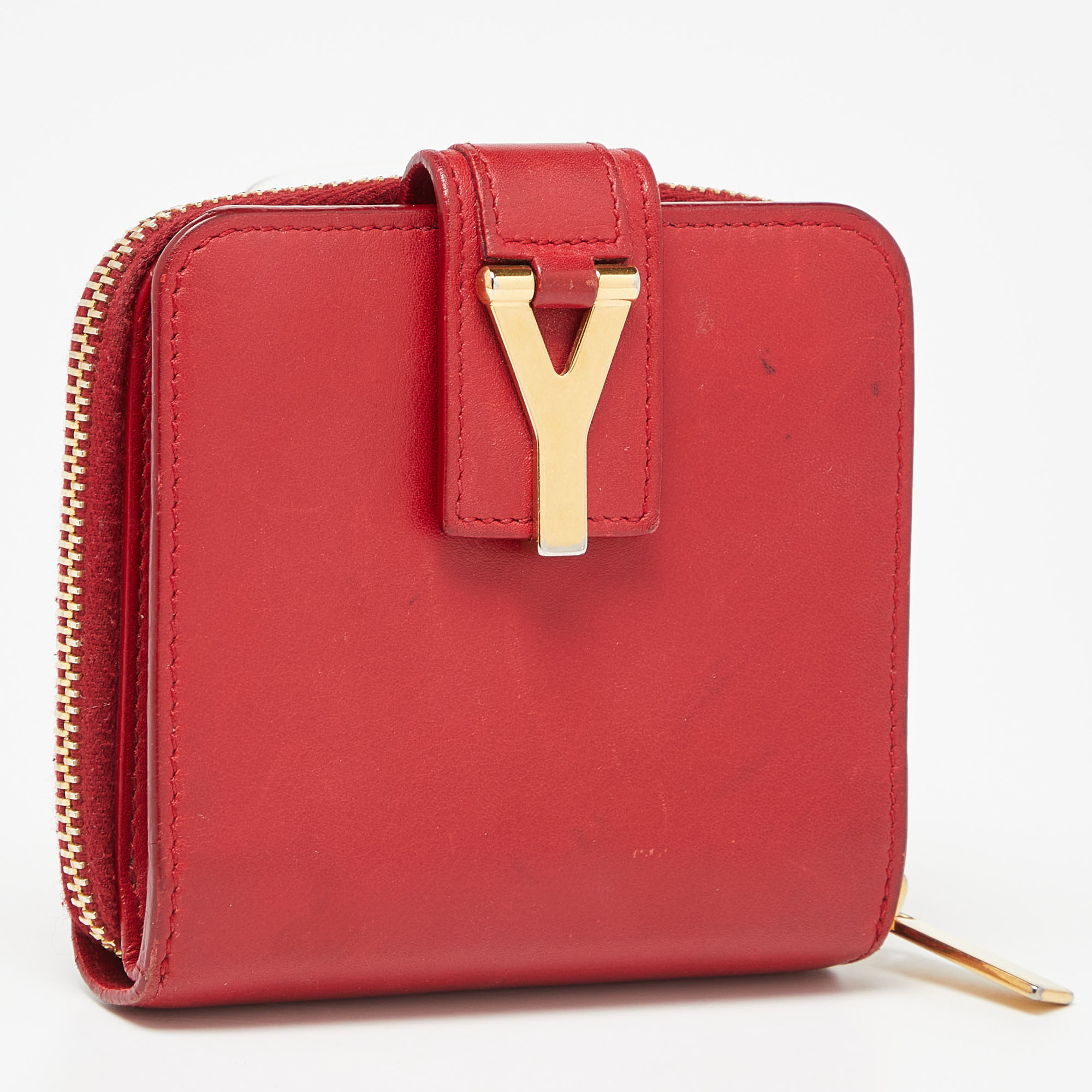 Saint Laurent Red Leather Y Line Zip Compact Wallet