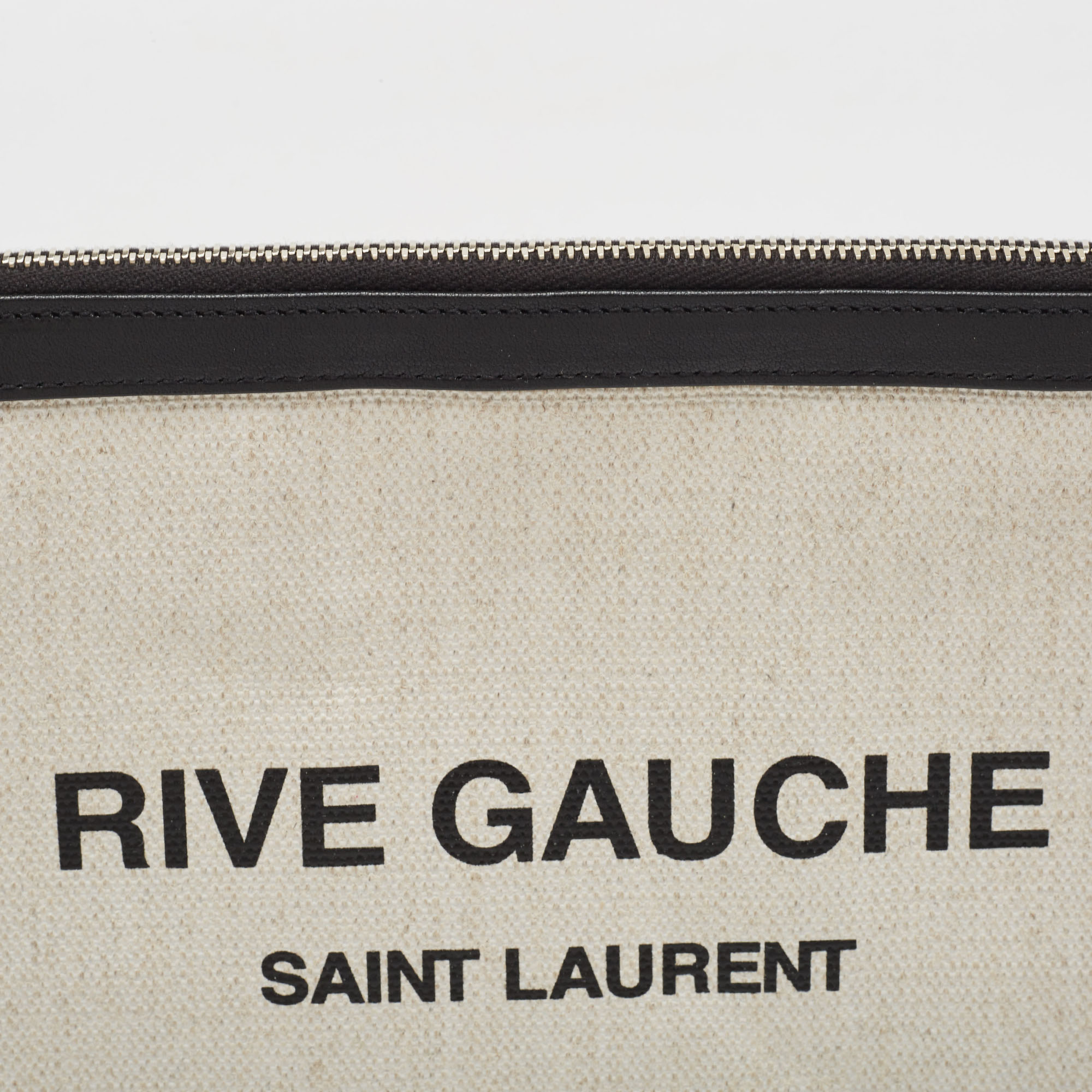 Saint Laurent Off White/Black Canvas And Leather Rive Gauche Zip Clutch