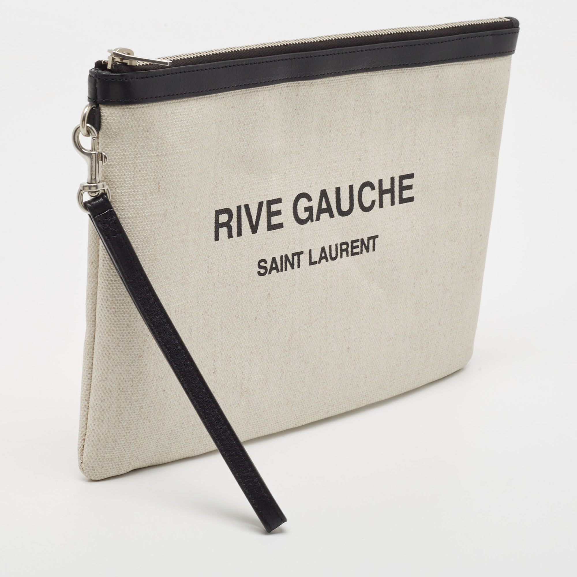 Saint Laurent Off White/Black Canvas And Leather Rive Gauche Zip Clutch