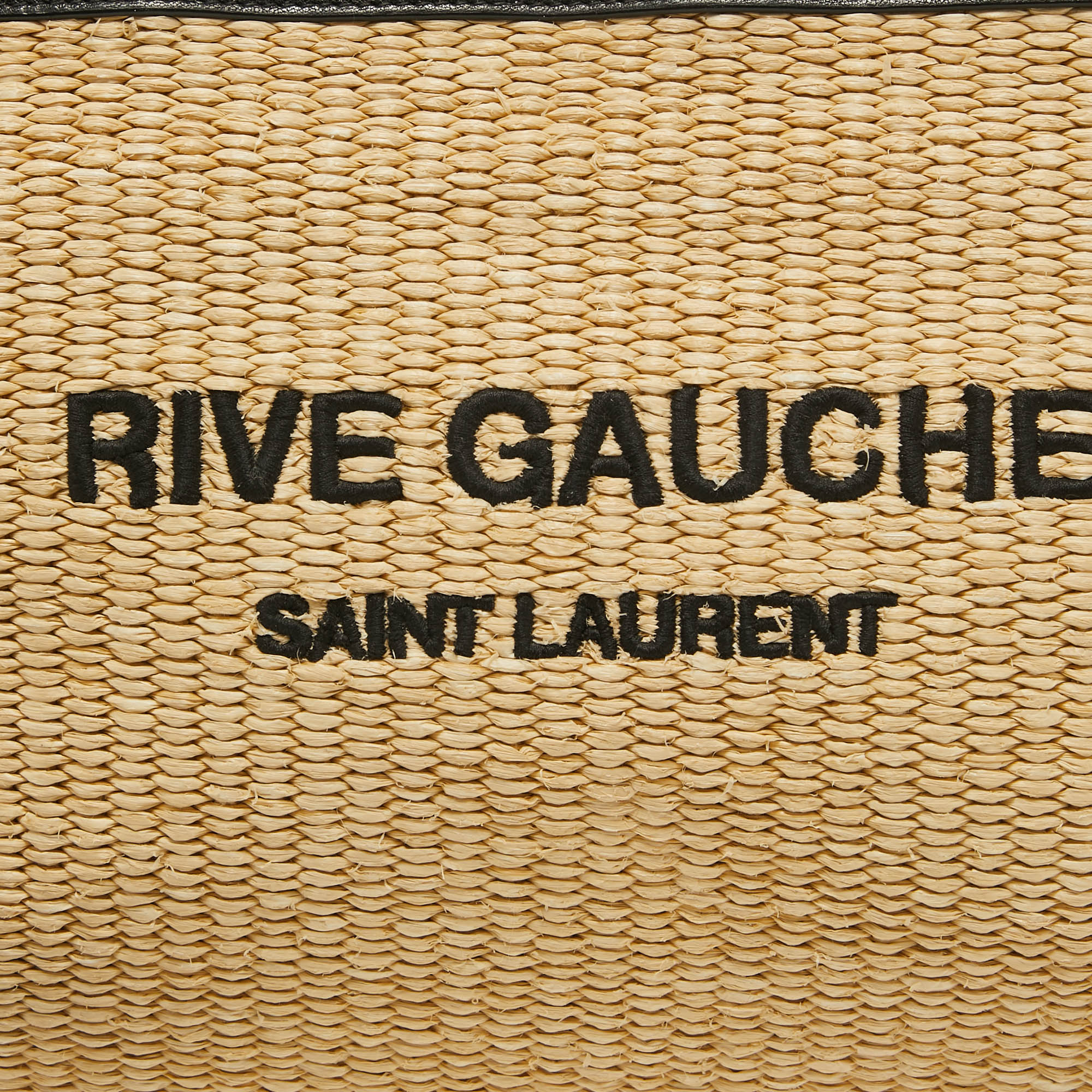 Saint Laurent Beige/Black Raffia And Leather Rive Gauche Zip Wristlet Pouch