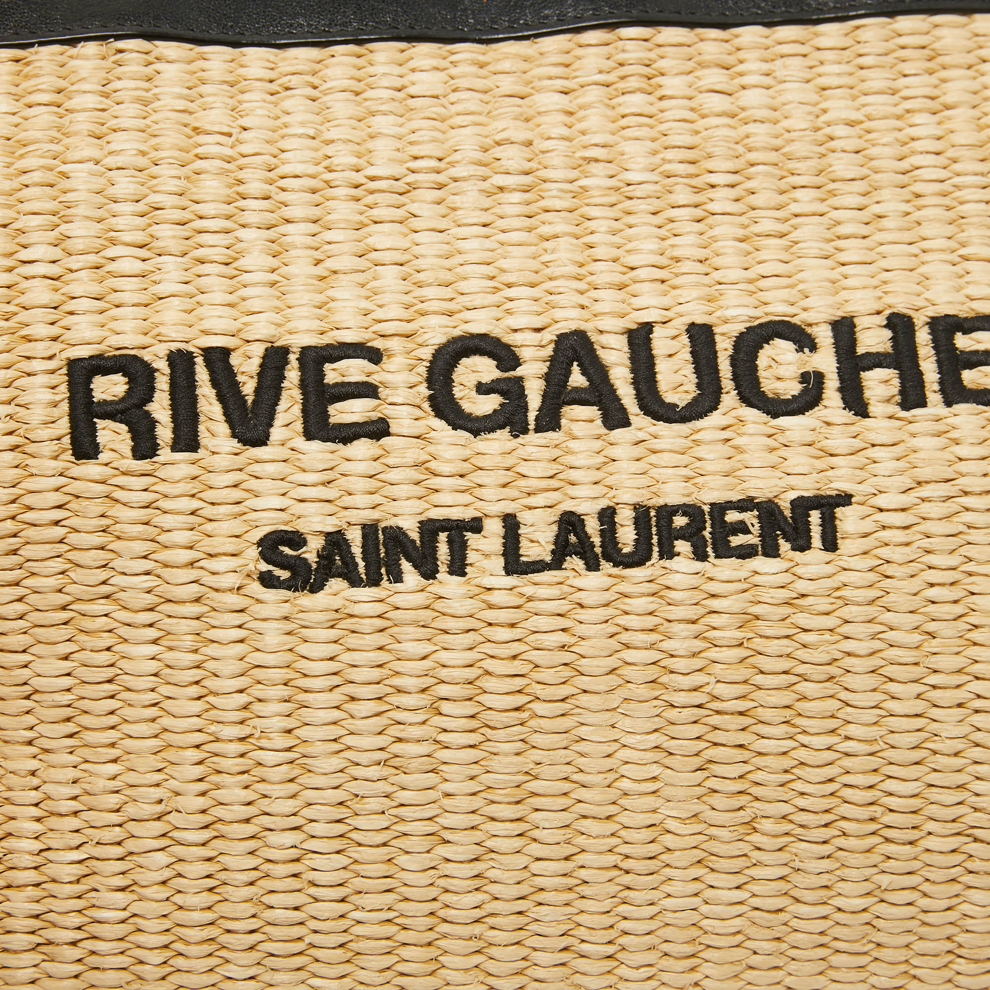 Saint Laurent Beige/Black Raffia And Leather Rive Gauche Zip Wristlet Pouch
