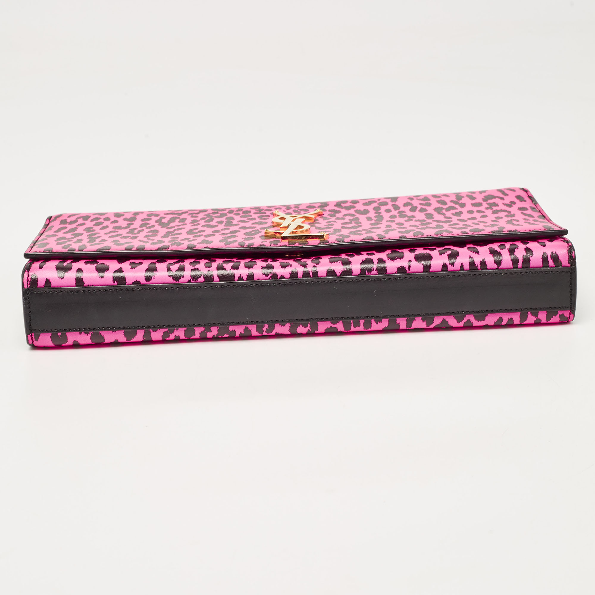 Saint Laurent Neon Pink Leopard Print Leather Monogram Cassandre Clutch