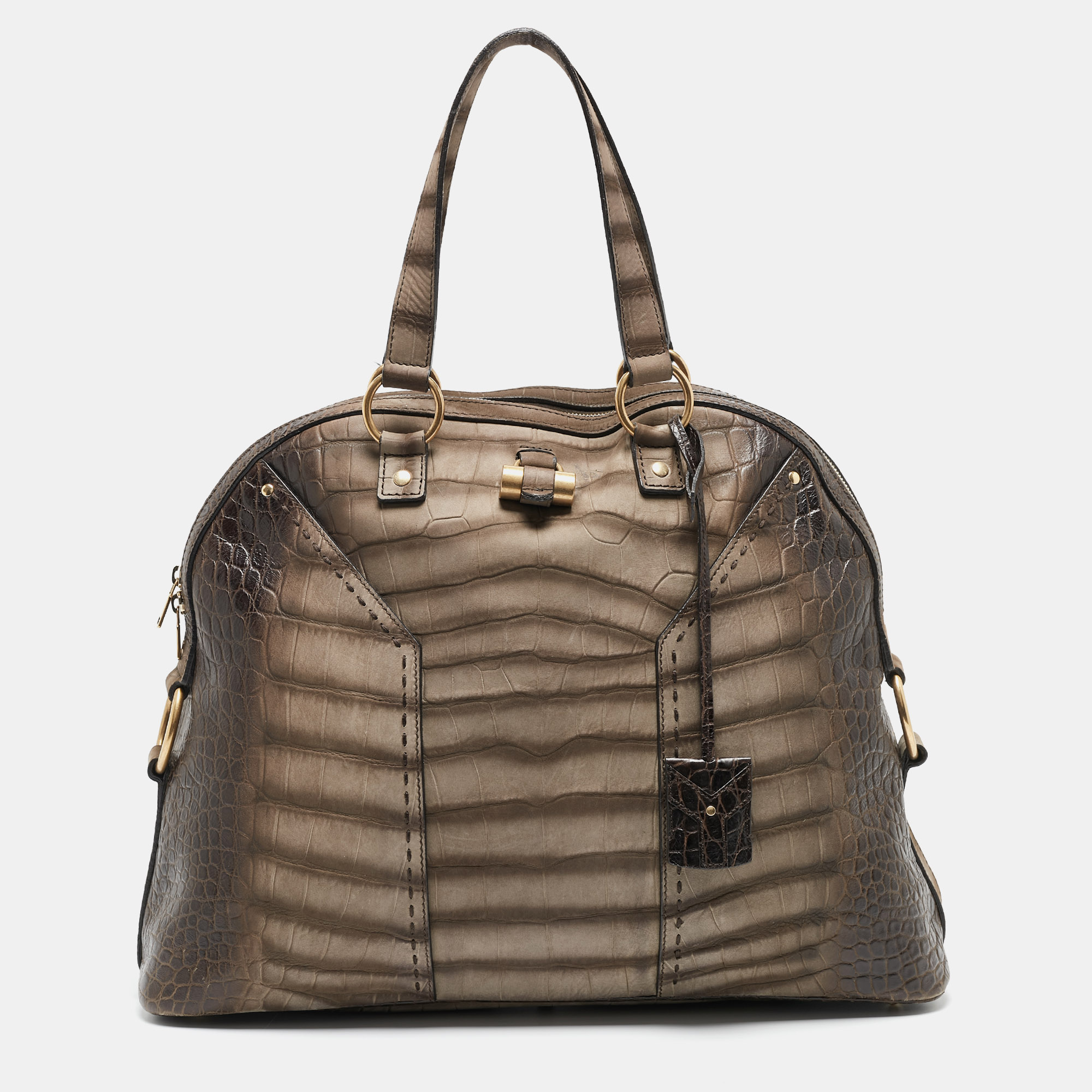 Saint laurent paris yves saint laurent brown/khaki croc embossed nubuck oversized muse bag