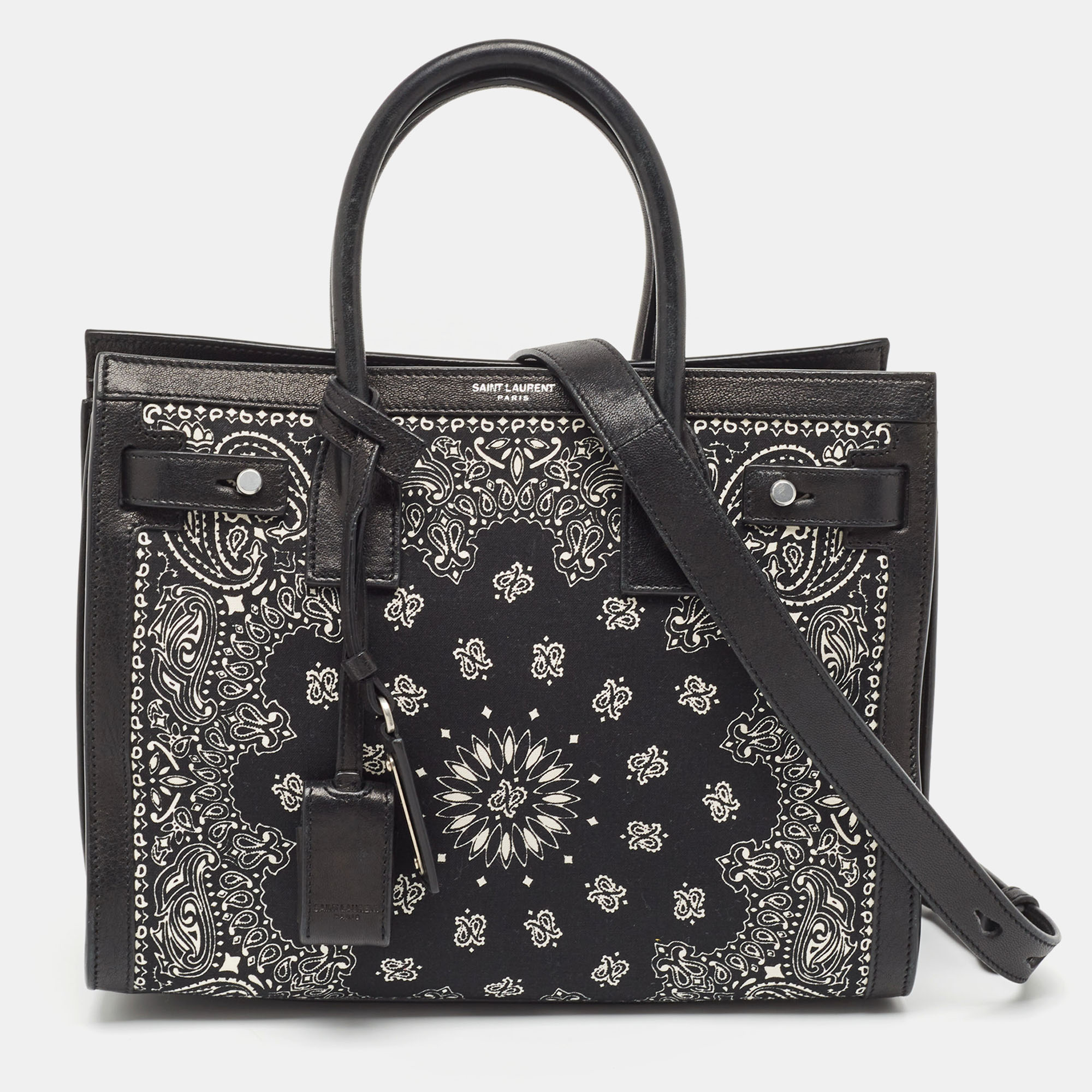 Saint laurent paris saint laurent black/white leather and fabric baby bandana sac de jour tote