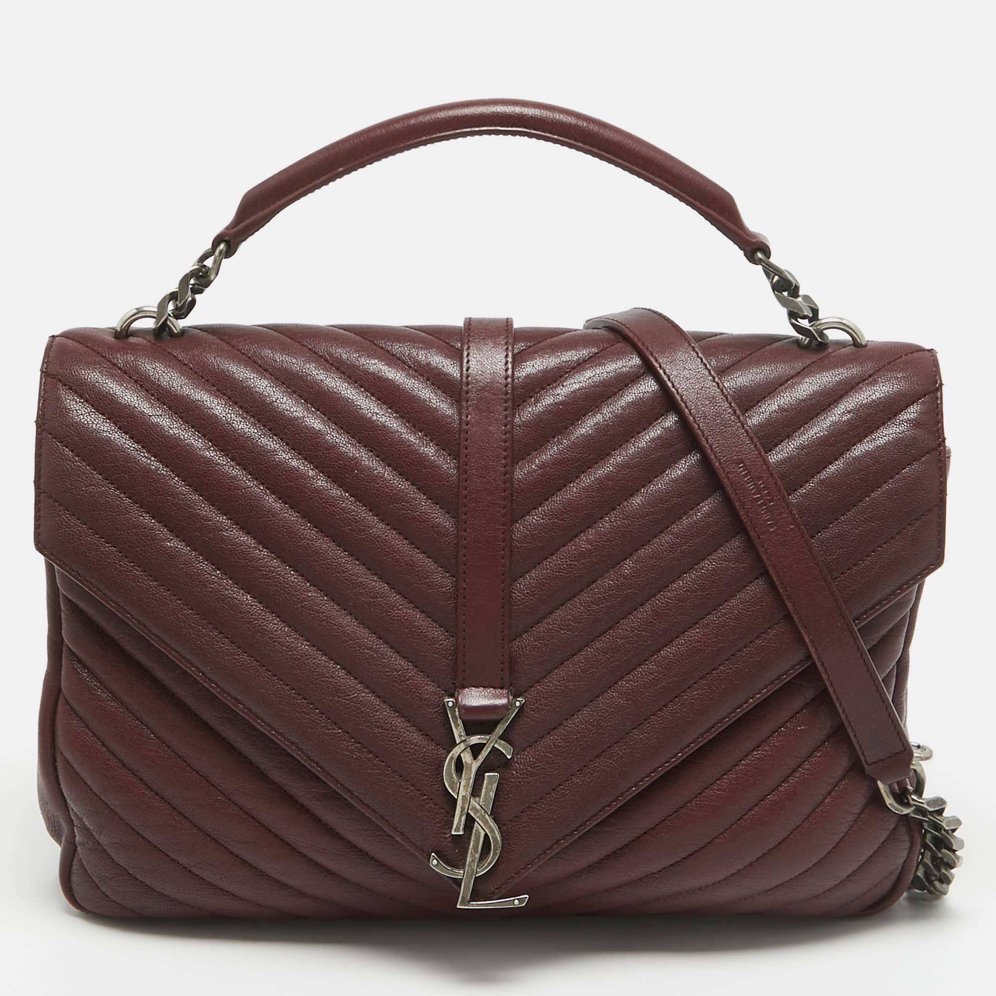 Saint laurent burgundy matelass&eacute; leather large college top handle bag