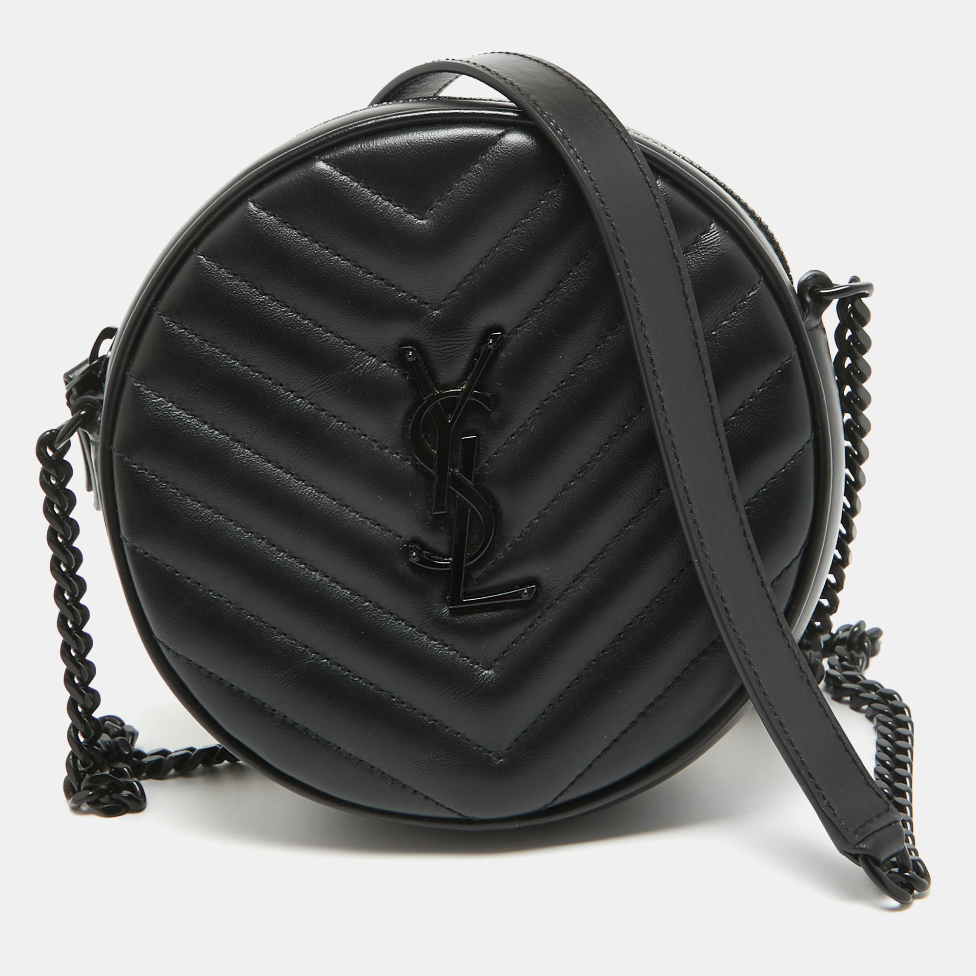 Saint laurent paris saint laurent black matelass&eacute; leather monogram round crossbody bag