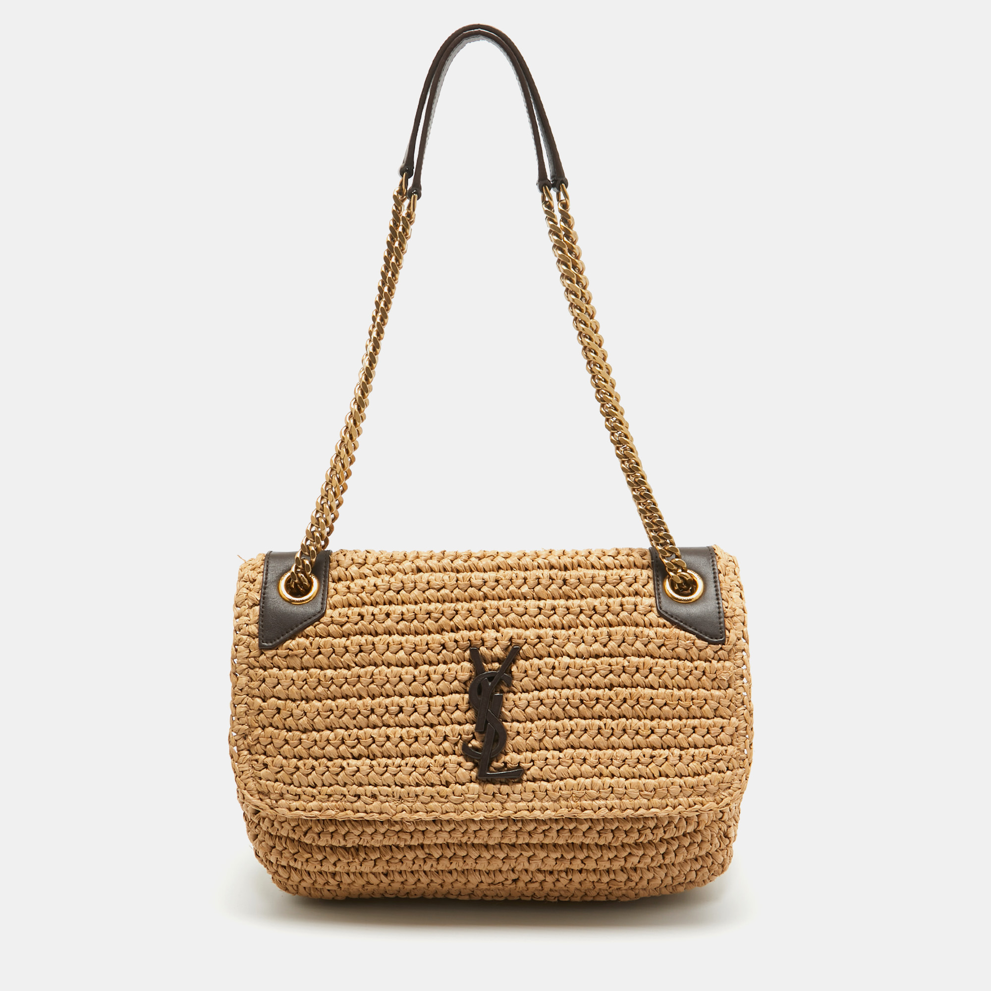 

Saint Laurent Beige/Brown Raffia and Leather Medium Niki Shoulder Bag