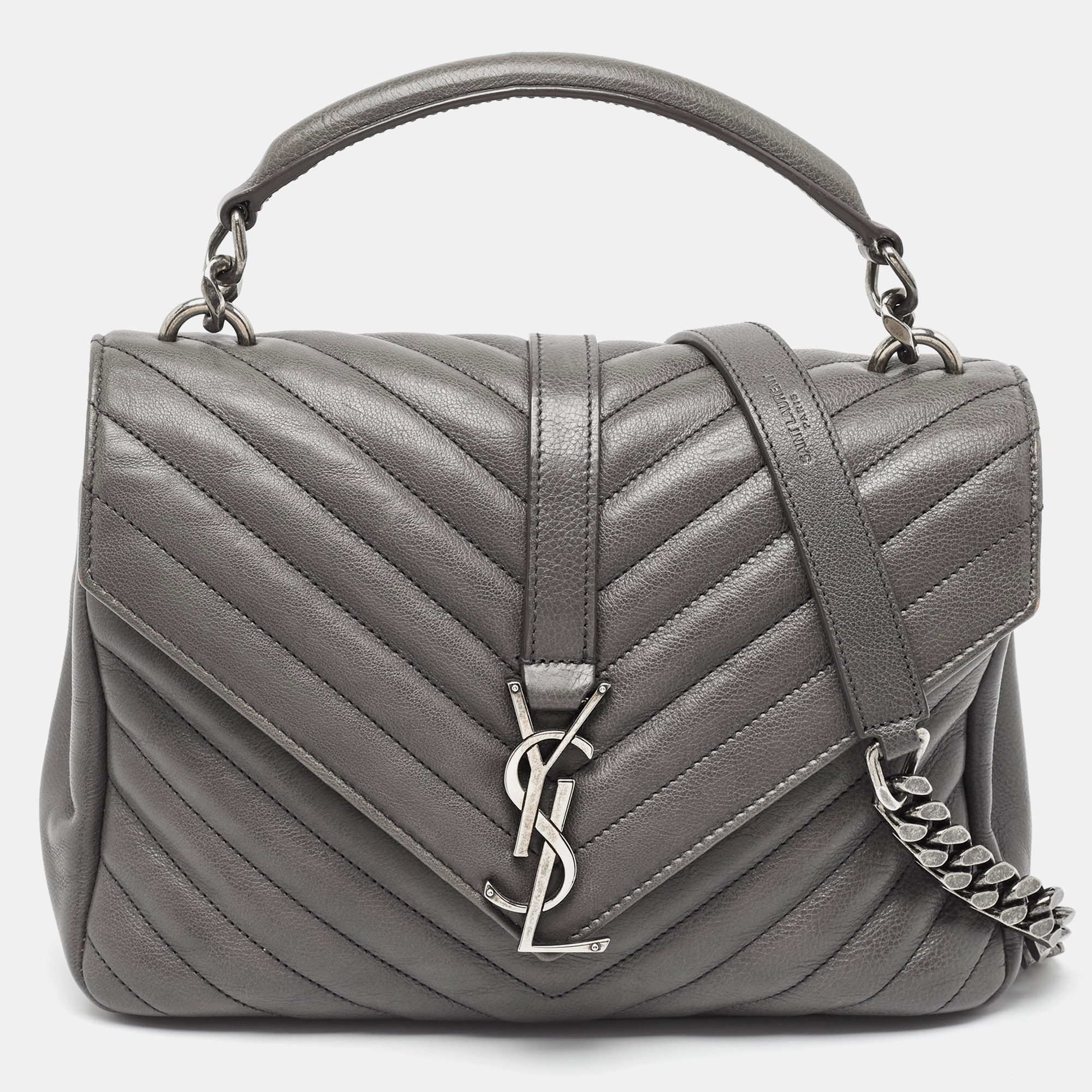 Saint laurent paris saint laurent grey matelass&eacute; leather medium college top handle bag