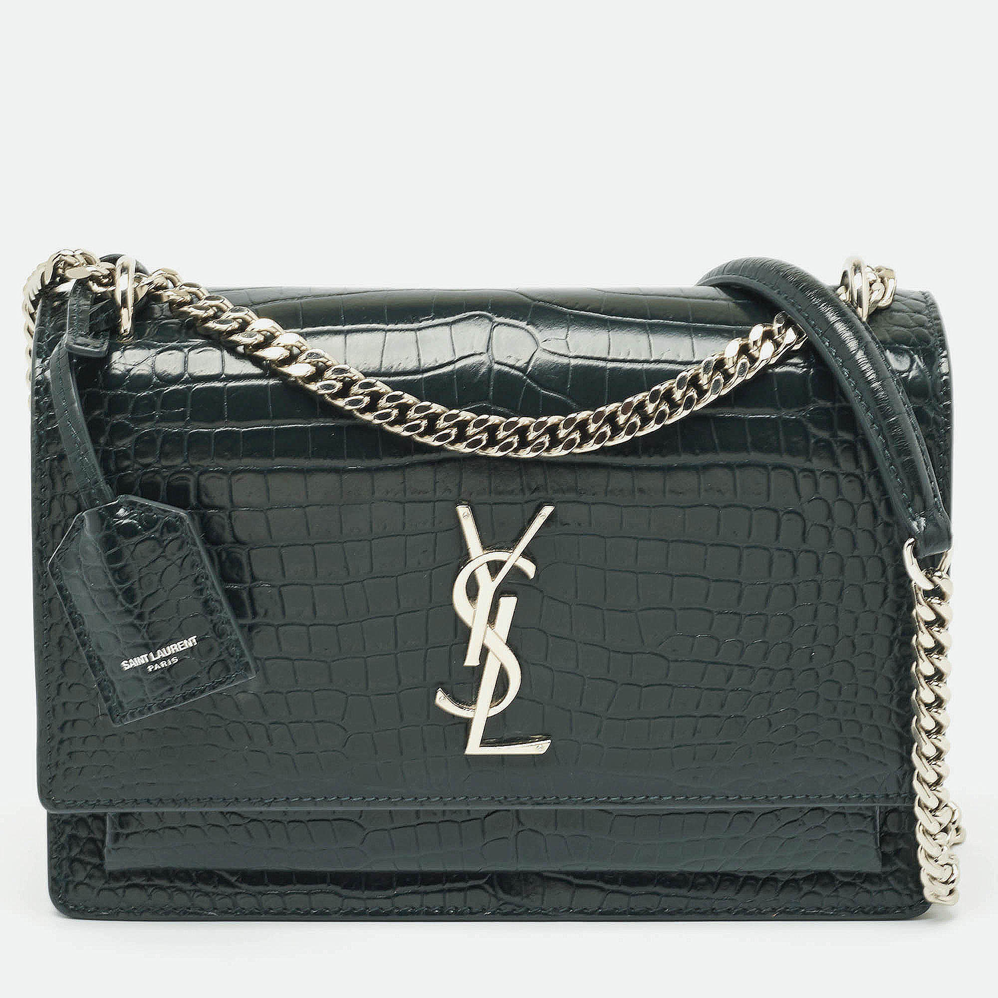 Saint laurent paris saint laurent dark green croc embossed leather medium sunset shoulder bag